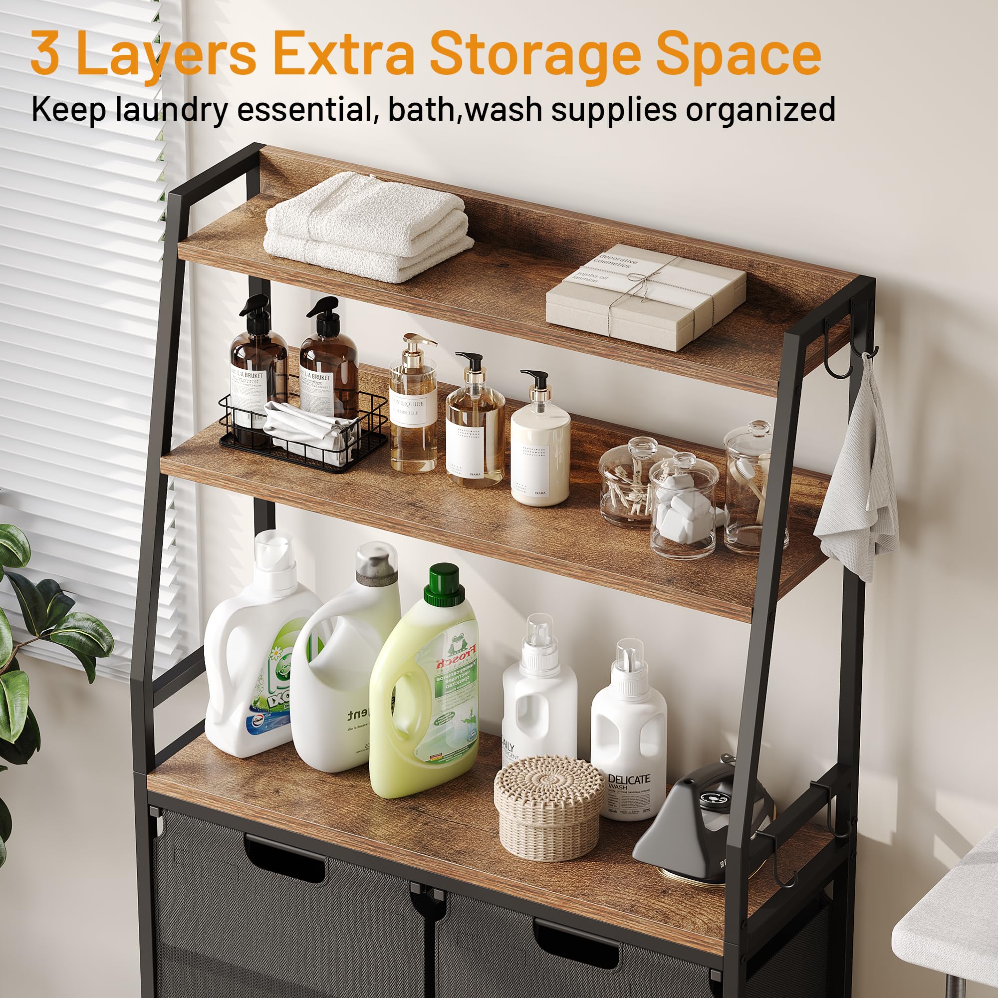 Lulive Double Laundry Hamper With Shelf, Laundry Basket With 3 Tier Storage Shelves & 4 Removable Hooks, Tall Laundry Sorter Clo
