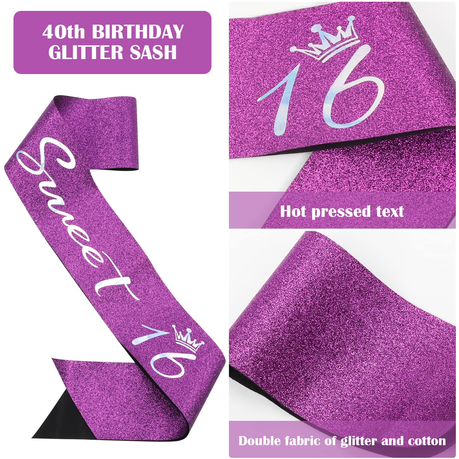 16Th Purple Crown And Sash Kit - Sweet 16 Party Decorations, Gifts, And Supplies For Girls (Purple)