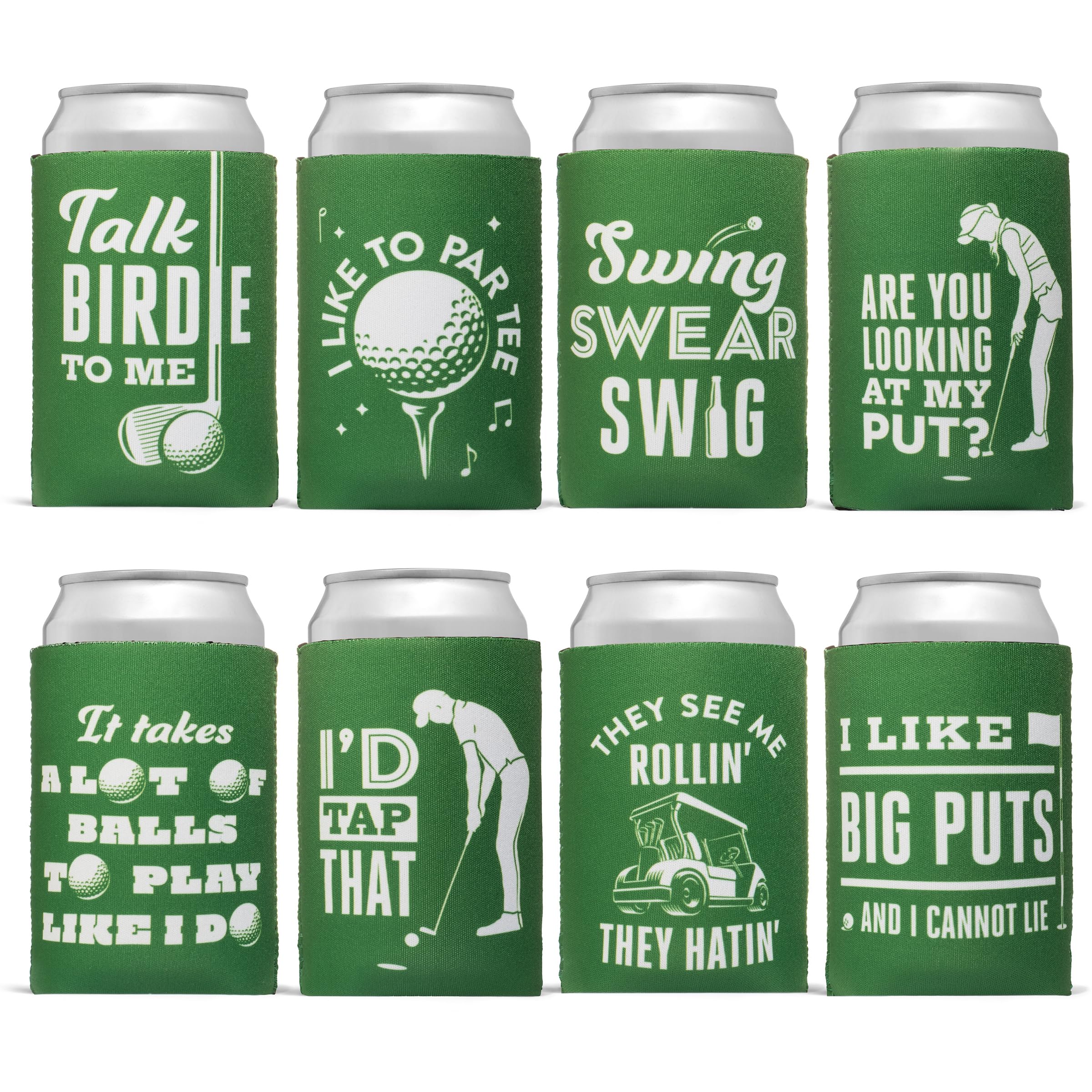 Funny Golf Drink Coolies -8 Pack - Golf Can Cooler Sleeves - Keeps Drinks Cool