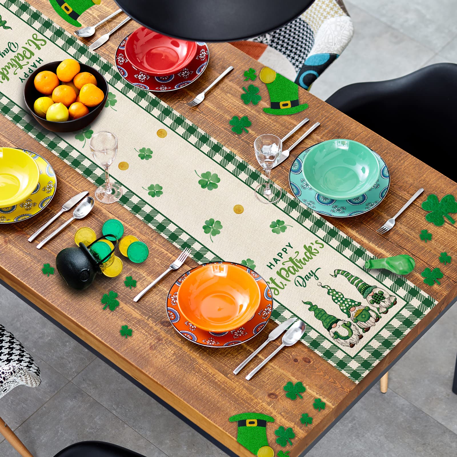 Yovoyoa Happy St Patricks Day Gnomes Table Runner 72 Inches Long, Green Shamrock Buffalo Plaid Table Runner, St Pats Lucky Clove