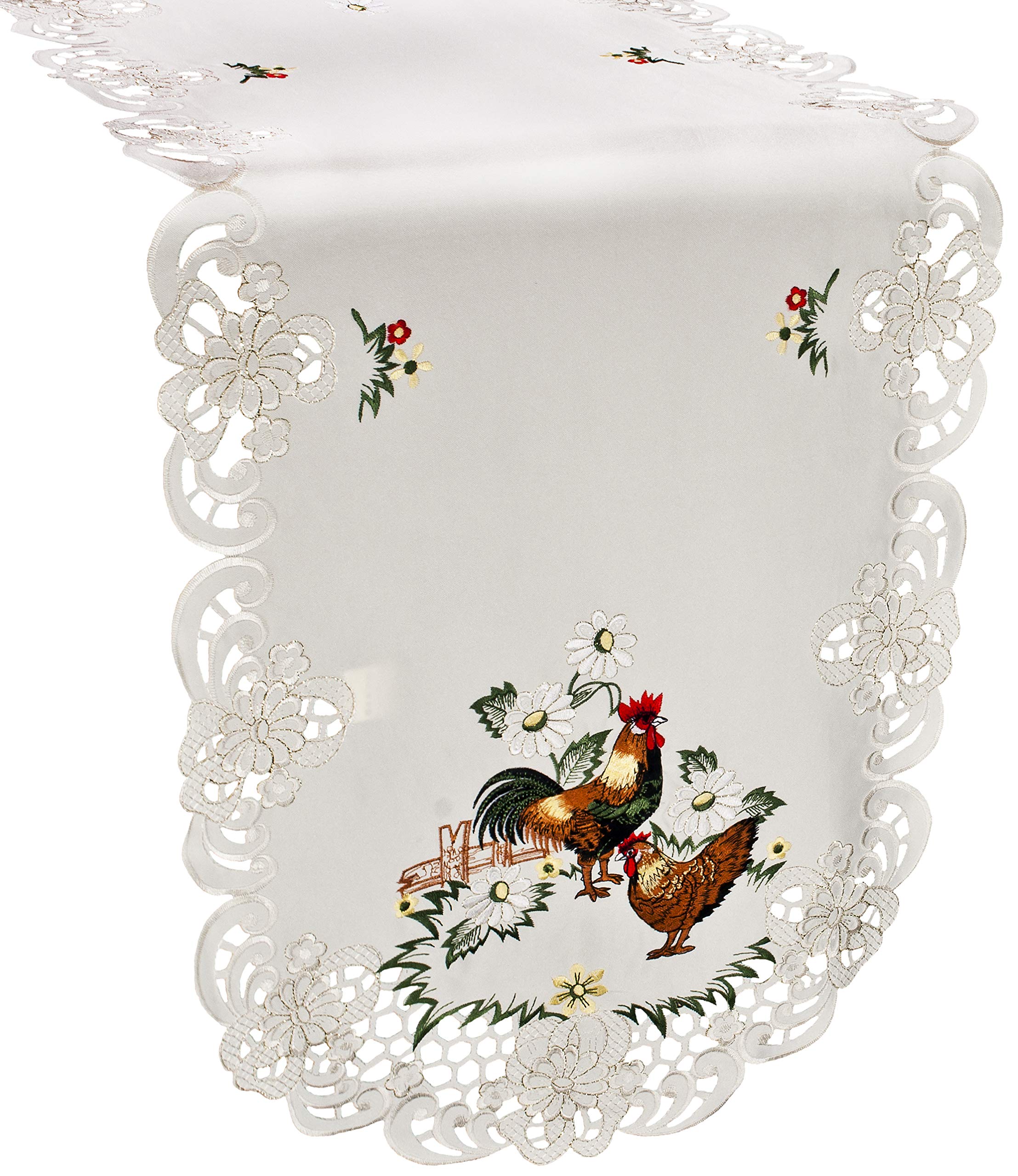 Embroidered Rooster Country Chic Lace Farmhouse Table Runner, Dresser Scarf, Coffee Table Runner (15Wx54L)