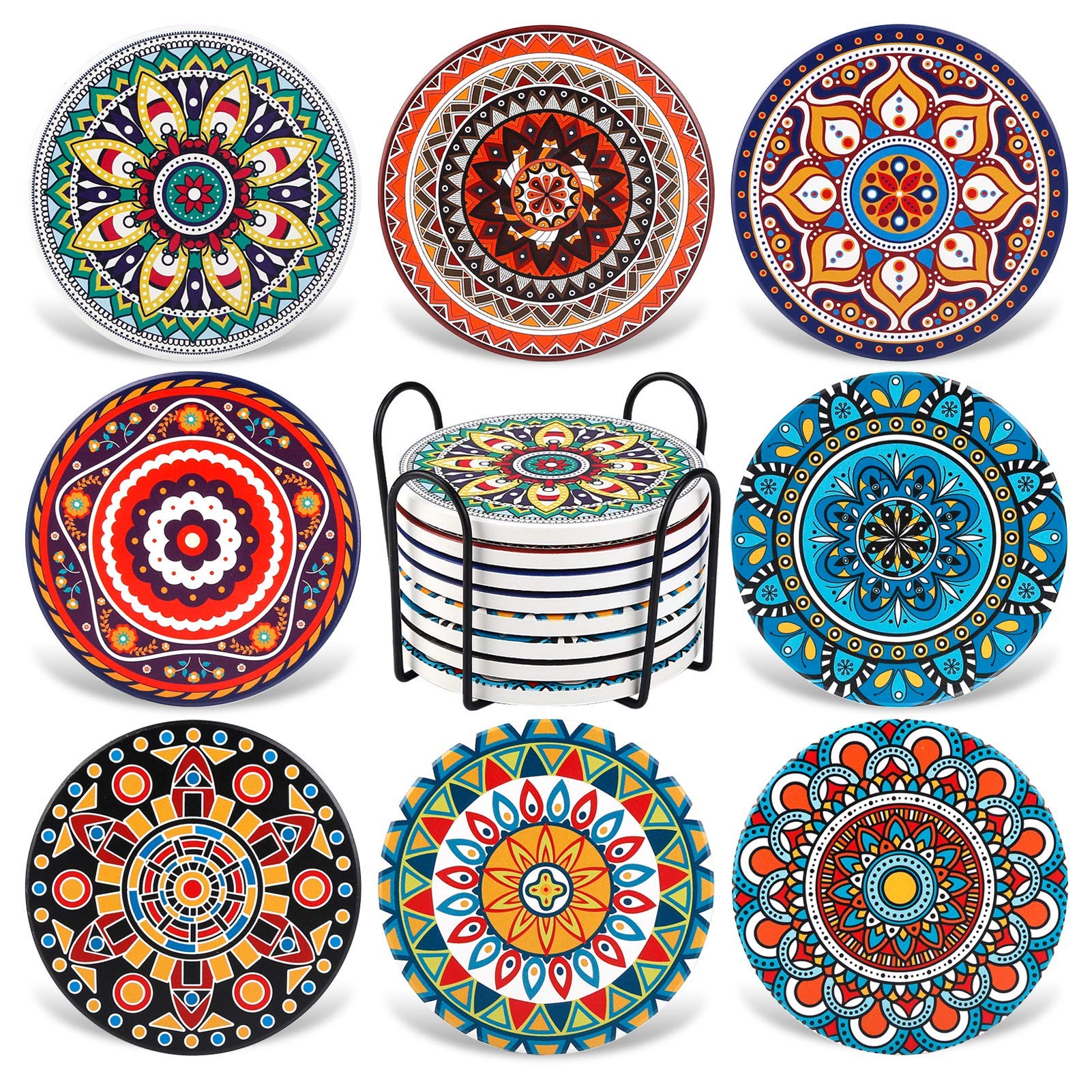 Aodini Coasters For Drinks, Set Of 8 Absorbent Stone Coasters For Wooden Table, Mandala Ceramic Coasters With Cork Base, Gift Fo