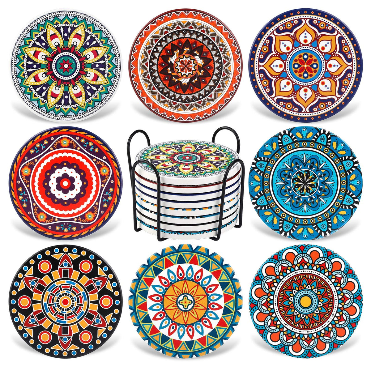 Aodini Coasters For Drinks, Set Of 8 Absorbent Stone Coasters For Wooden Table, Mandala Ceramic Coasters With Cork Base, Gift Fo
