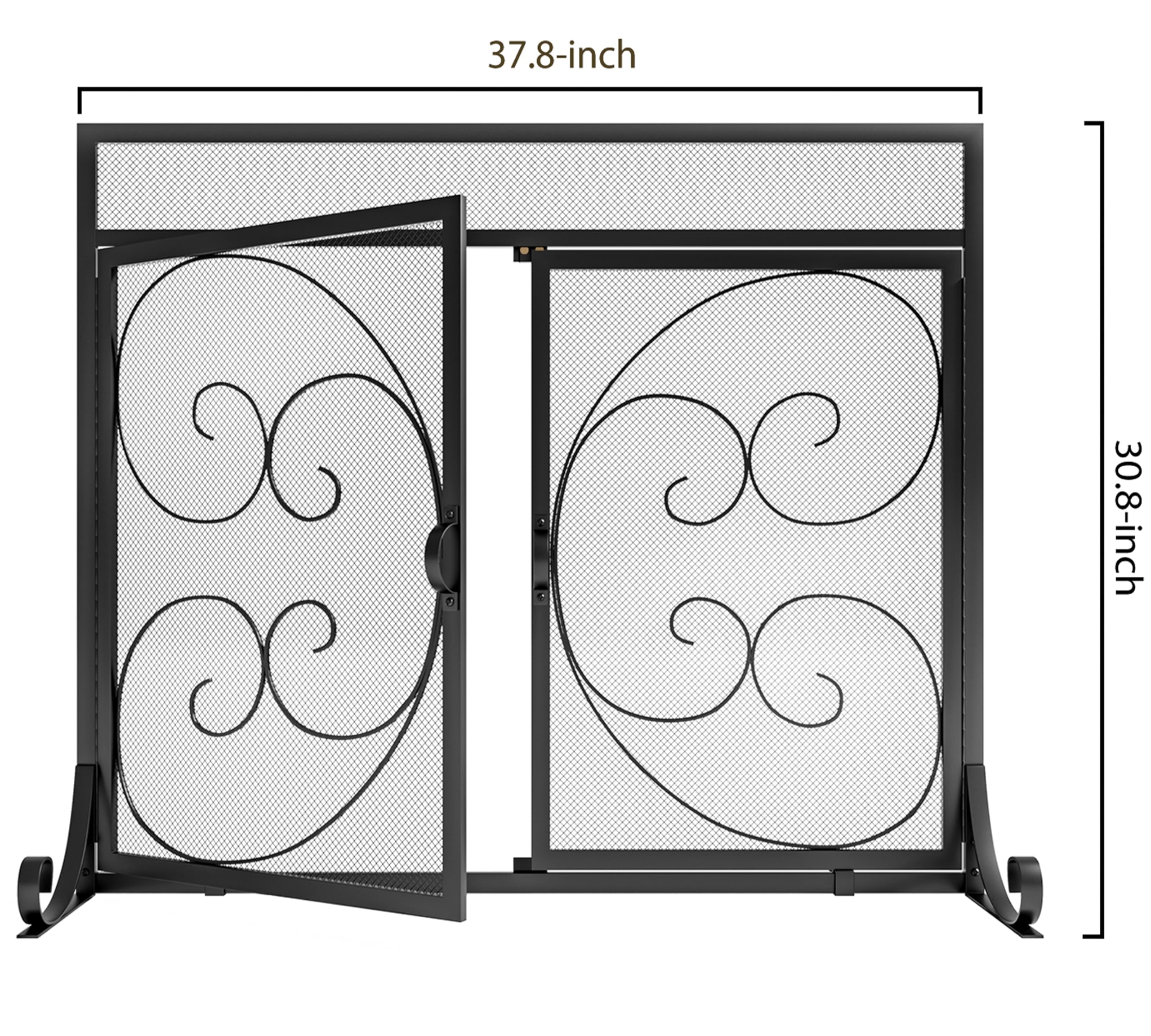 Kingson Flat Fireplace Screen With Hinged Doors Handcrafted Wrought Iron Classical Scroll Durable Metal Mesh Decorative Free Sta