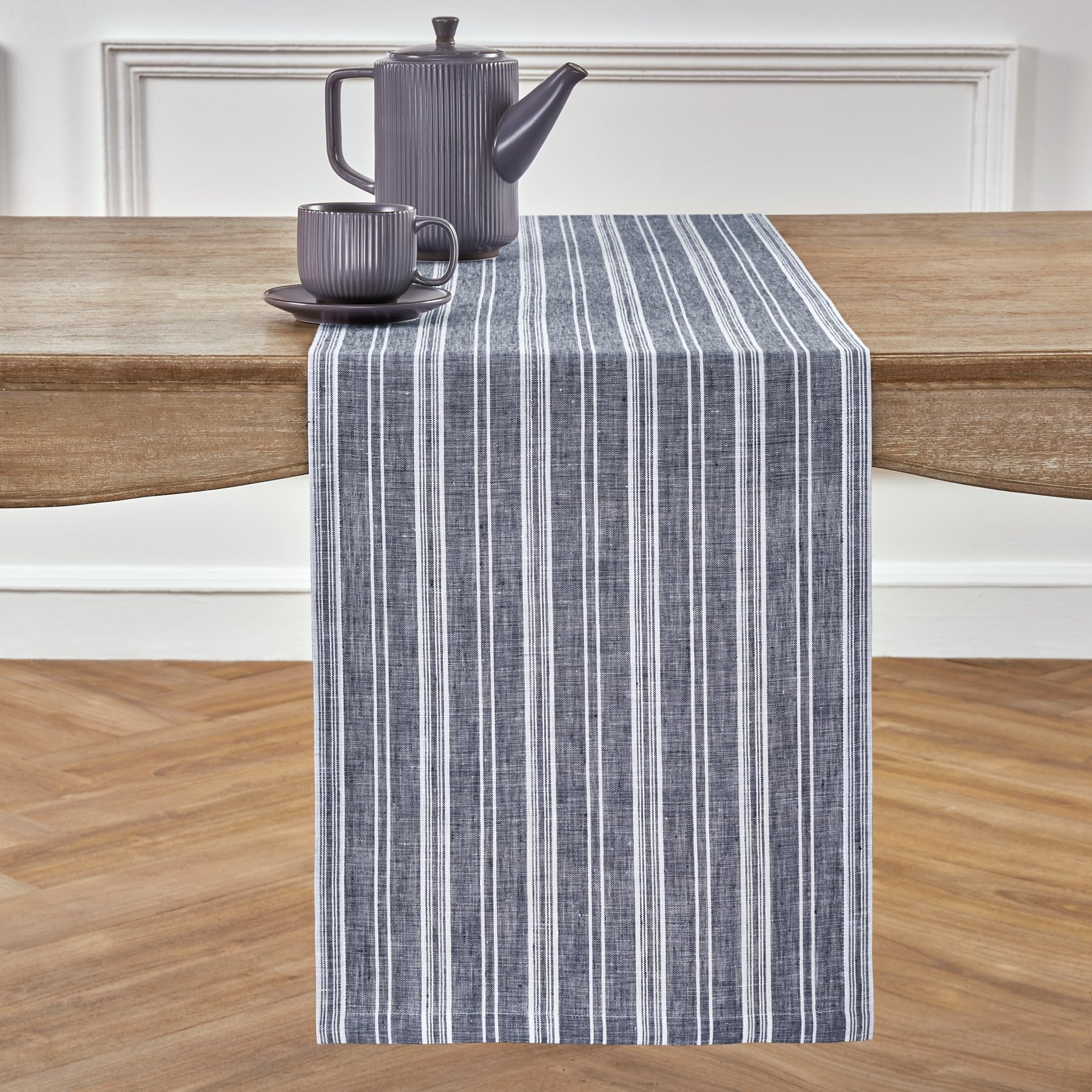Solino Home Stripe Linen Table Runner 108 Inches Long - 100% Pure Linen Navy And White Dining Table Runner 14 X 108 Inch Ideal F