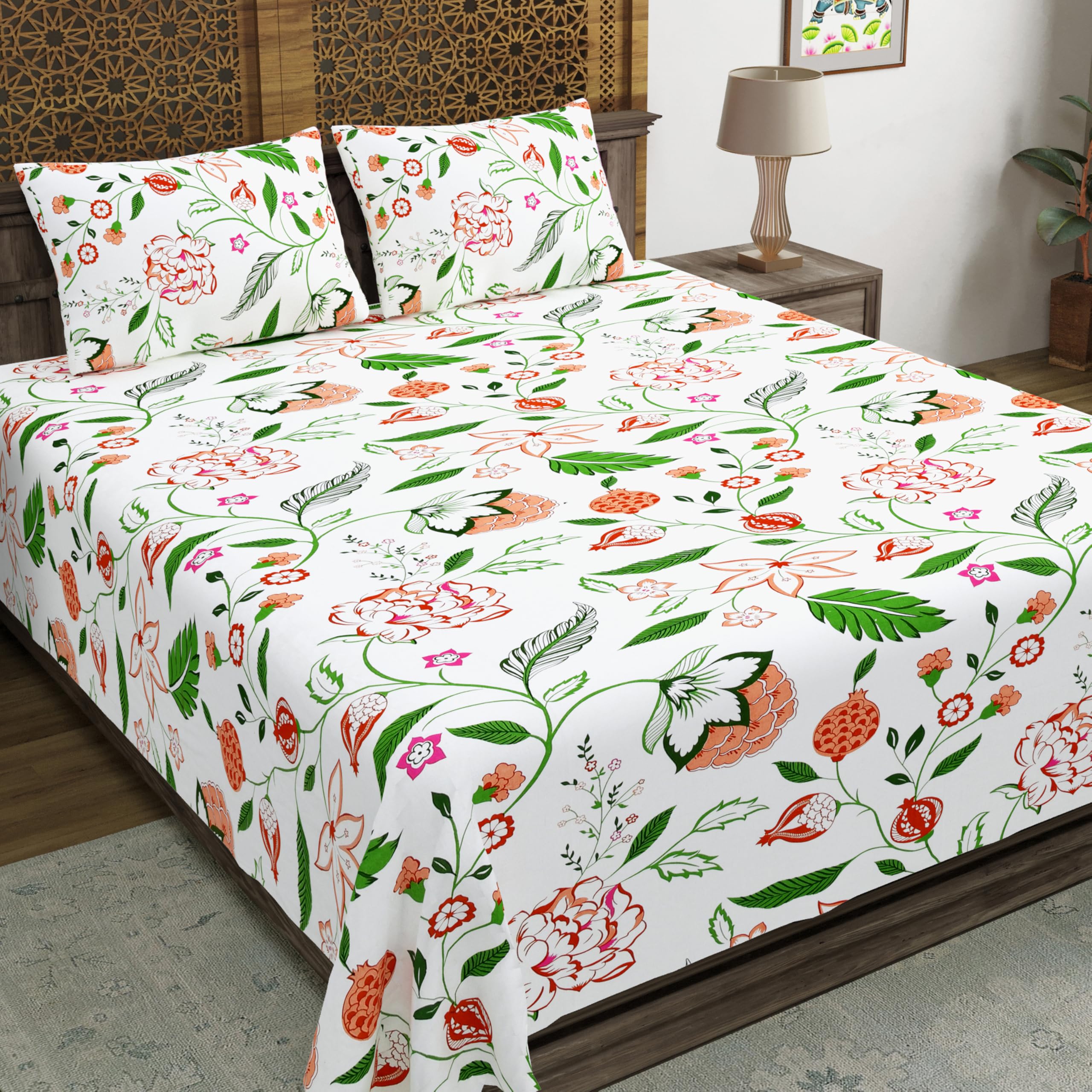 Blocks Of India Hand Block Printed 200 Tc Cotton King Size Bedsheet, Orange Anar Jaal