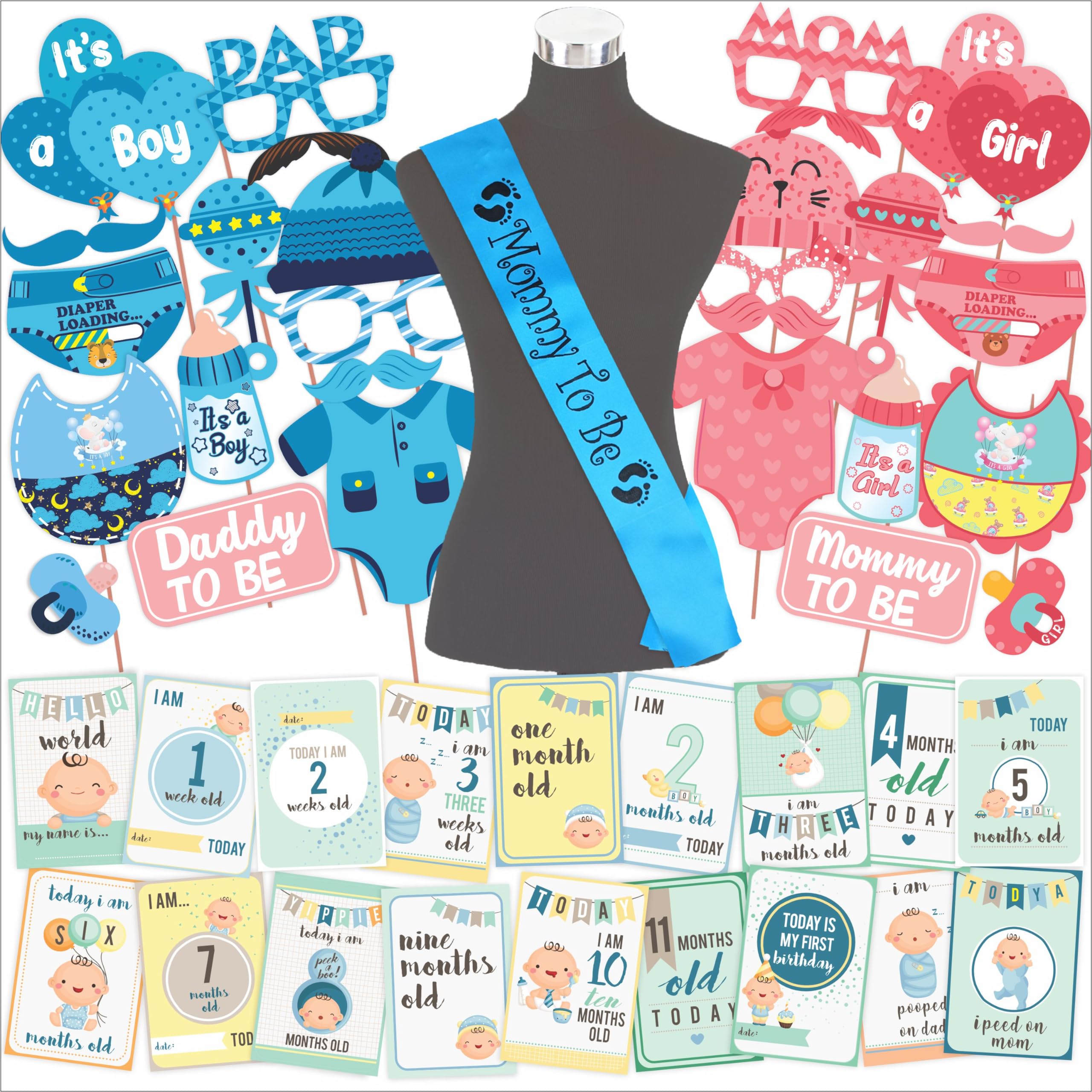 Wobbox Baby Shower Decoration Items| Baby Shower Ceremony Photo Booth Props for Photoshoot, Milestone Crad& Mom to Be Sash, Godh