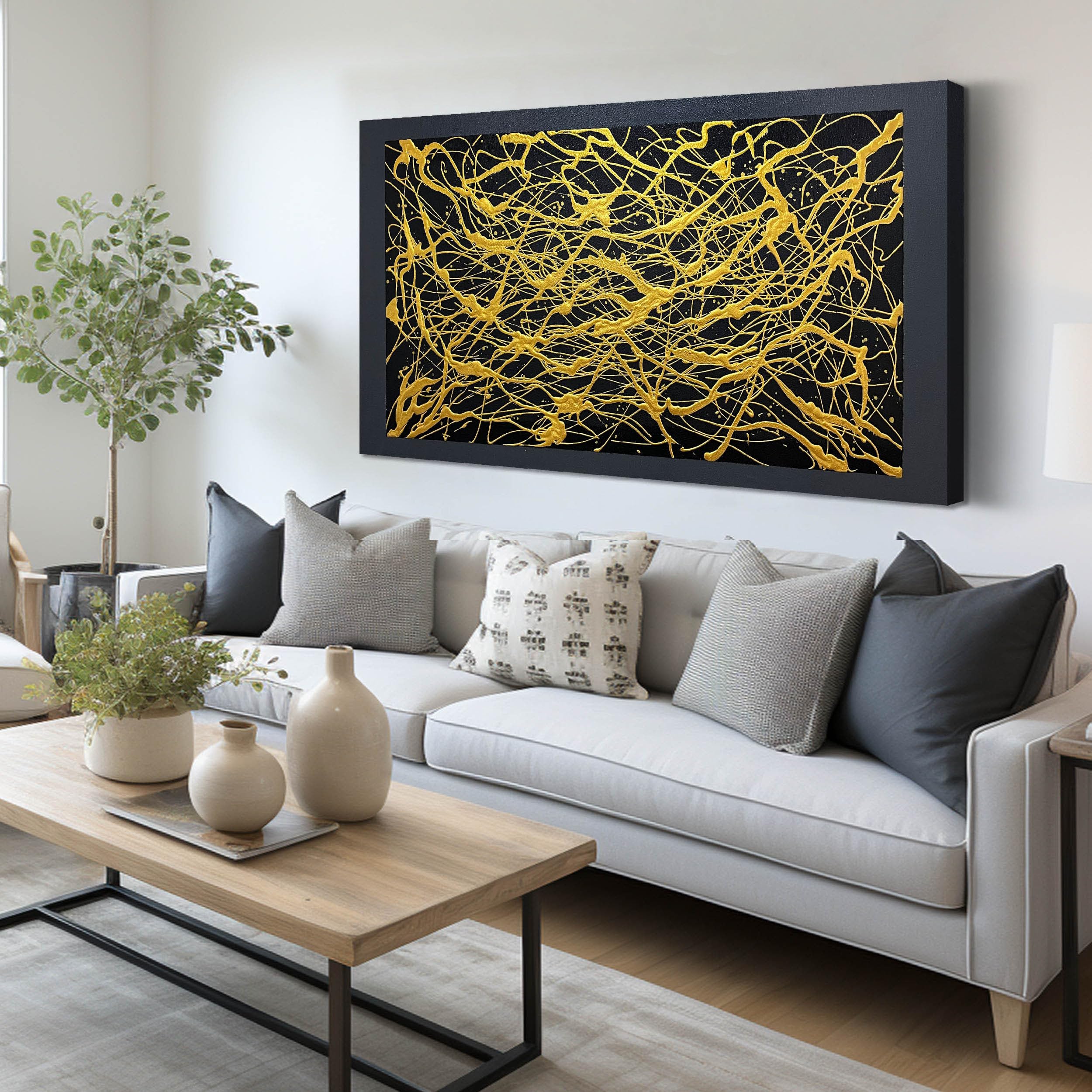 Huboskn Abstract Canvas Art Wall Decor For Living Room - Modern Hand Painted Wall Art For Office - Black And Gold Wall Decor For