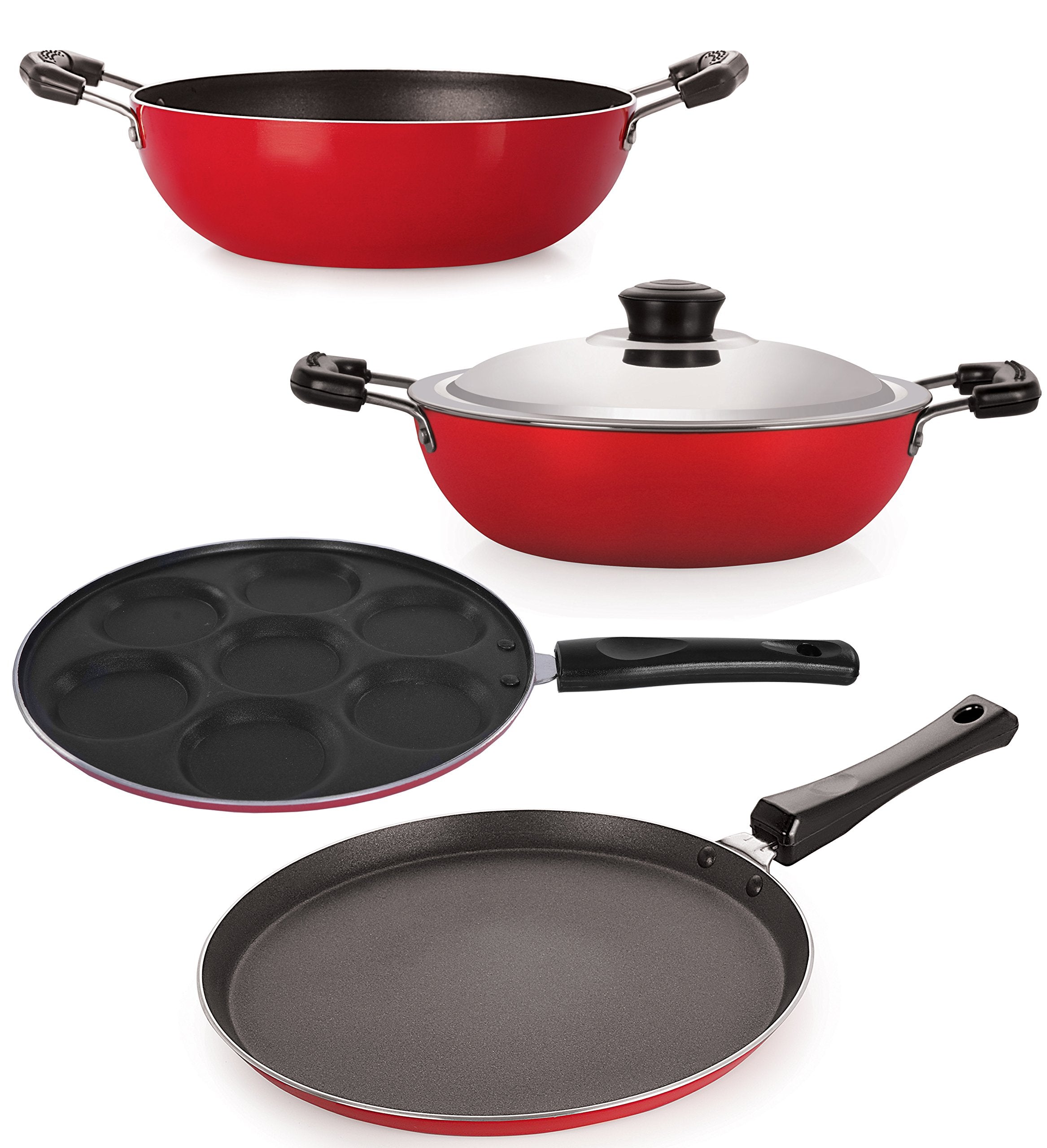 Nirlon NonStick Aluminium Cookware Set, 4Pieces, Red (26_Ft12_Kd13_Dkdm_Up)