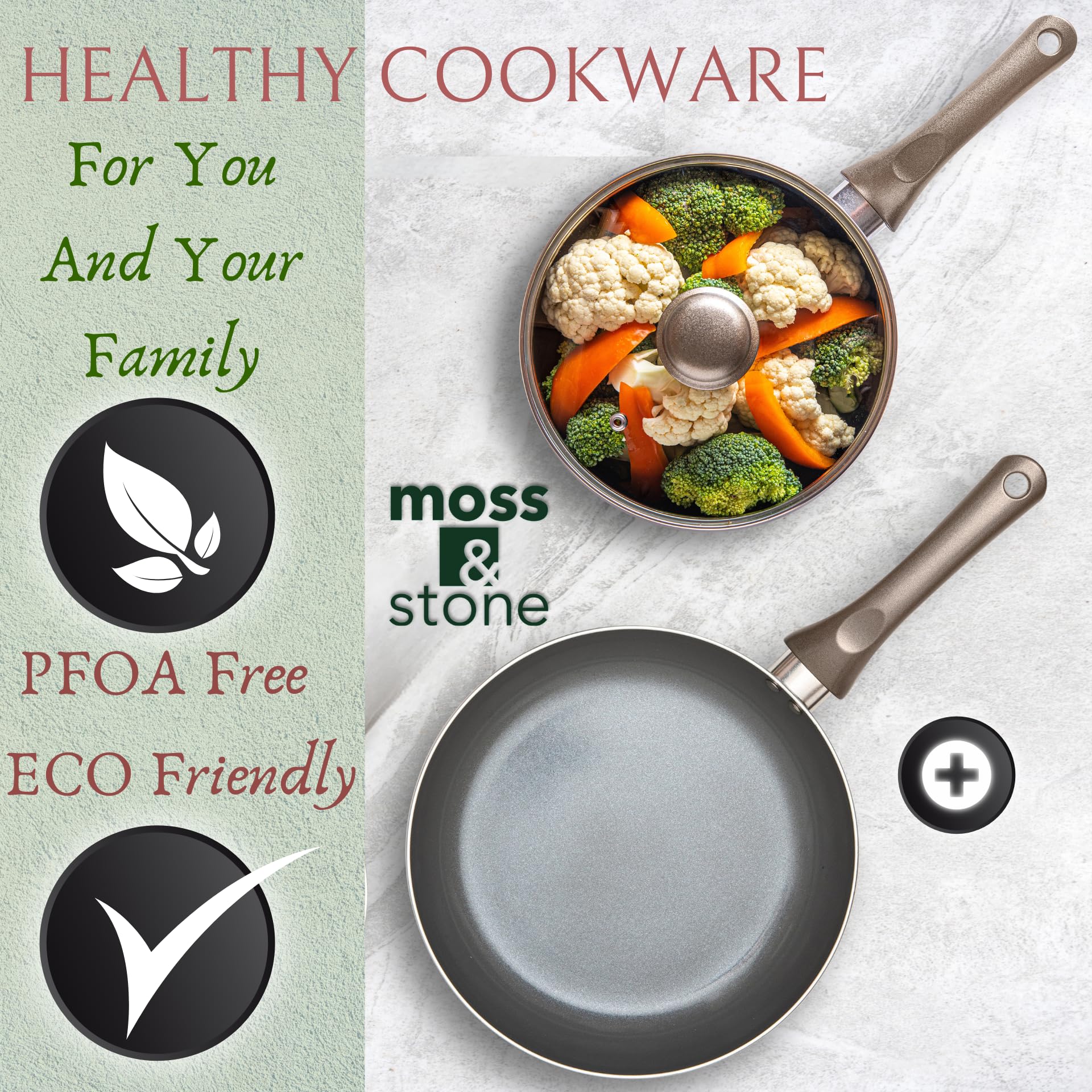 Moss & Stone 6 Piece Nonstick Cookware Set, Pots And Pans Set Non stick With Glass Lid, Induction Cookware, Stay-Cool Handles, P