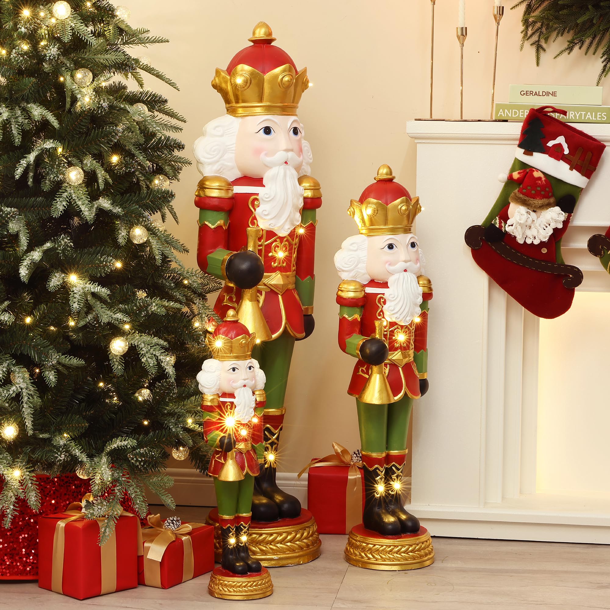 LuxenHome 3FT Tall Nutcracker Christmas Decoration, Colorful Lighted Holiday Nutcracker Soldier Statue with Trumpet, Christmas D