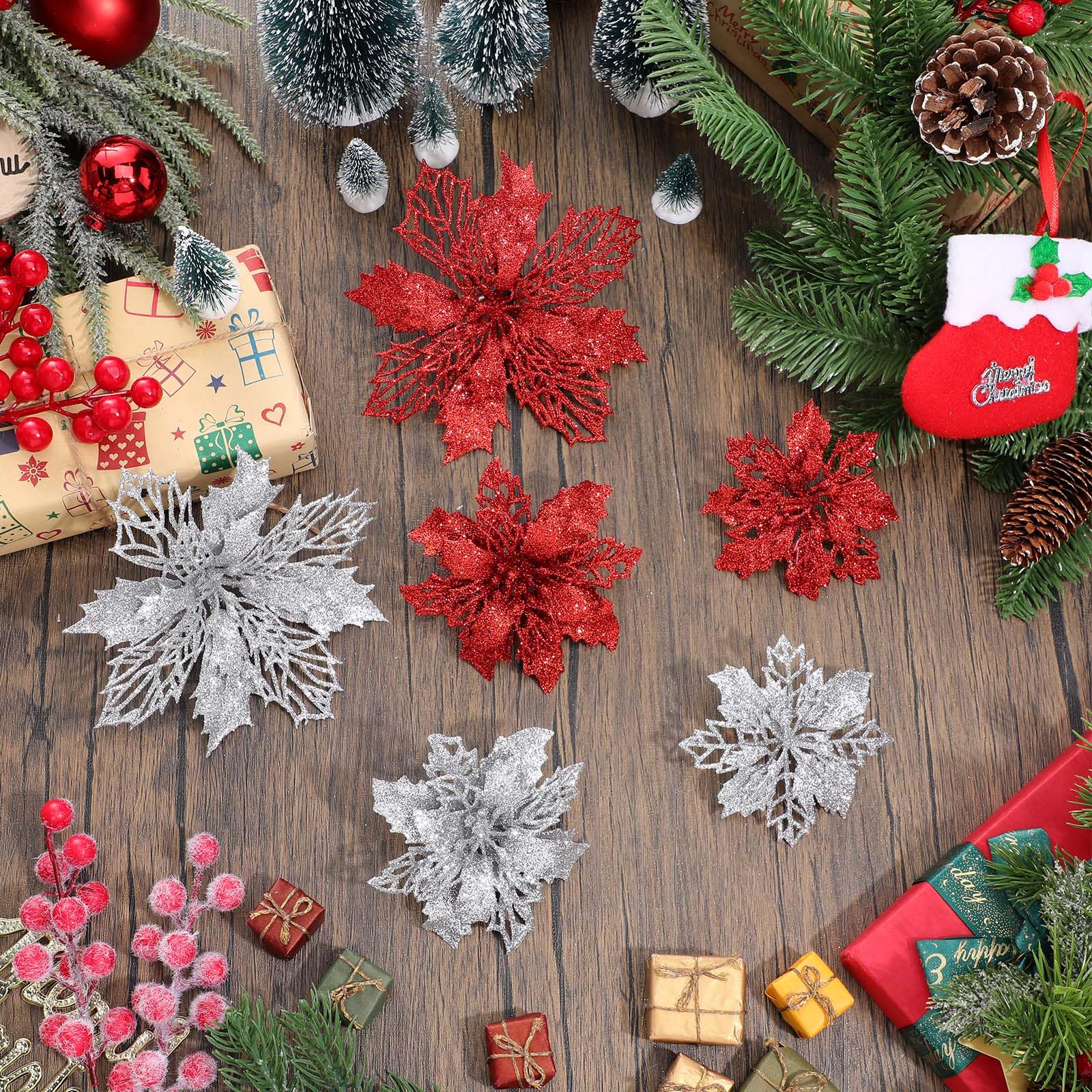 Boao 24 Pieces Red and Silver Christmas Poinsettia Flowers Glitter with Clips Christmas Ornaments Decorations for Tree Artificia