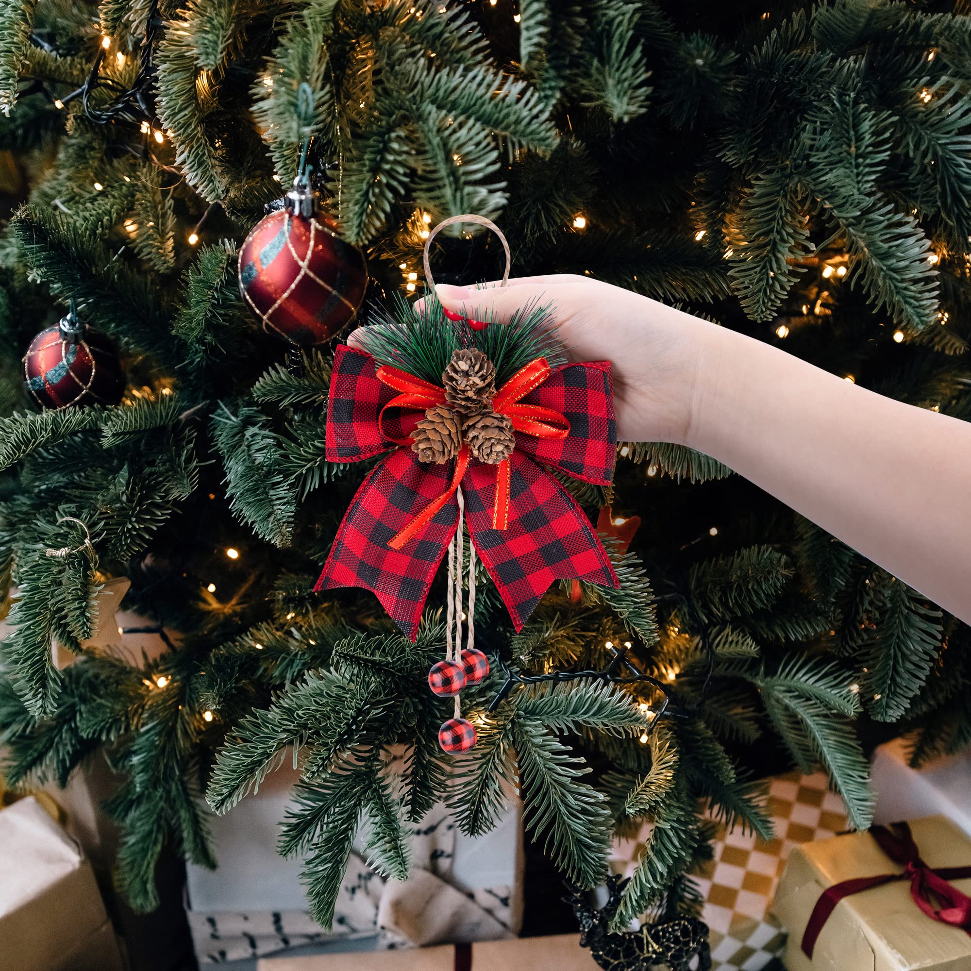 6 Pcs Christmas Burlap Plaid Bows with Pine Cones Pine Needles, Large Christmas Decoration Buffalo Plaid Bows, Xmas Wreath Bow B