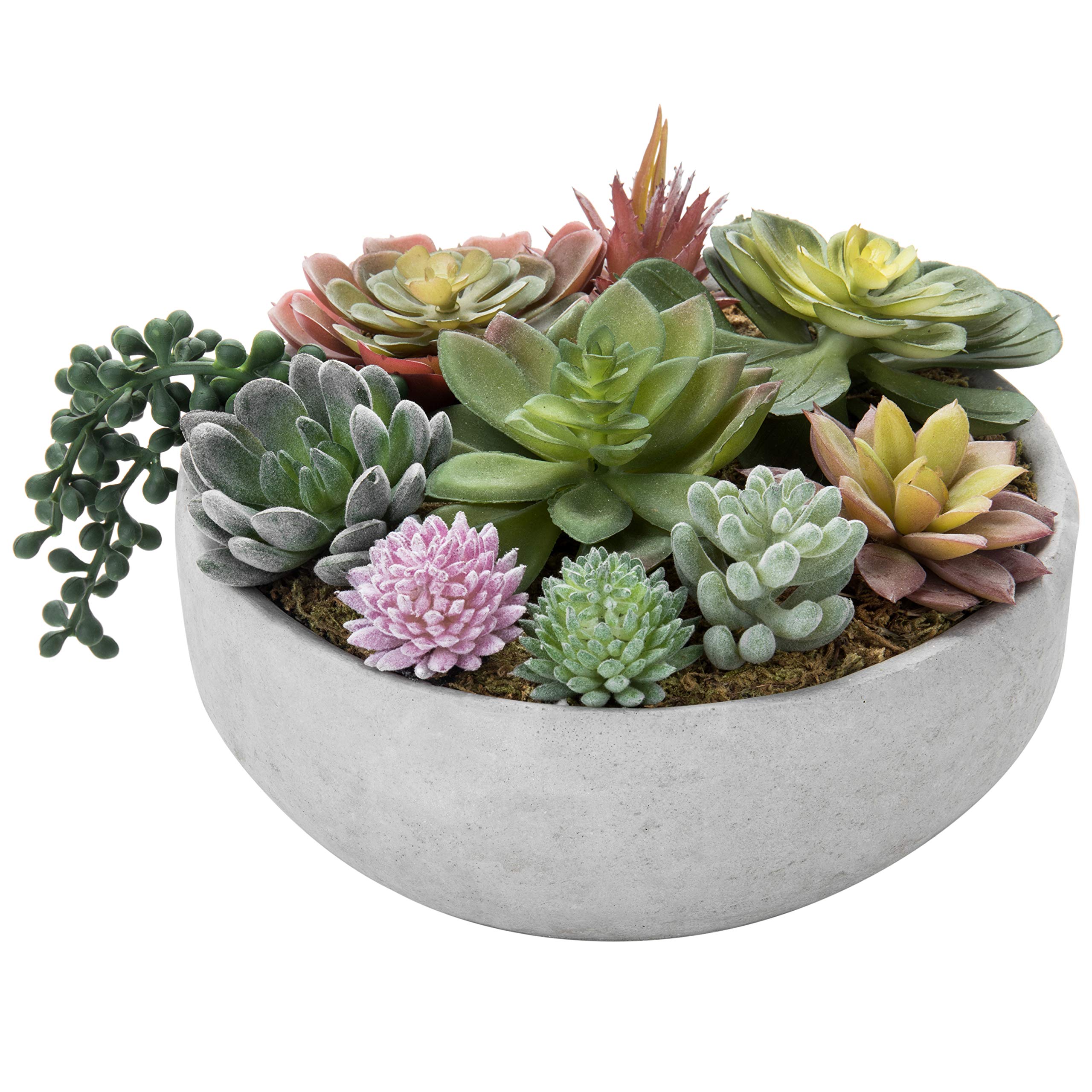 MyGift 8 Inch Round Modern Artificial Succulent Arrangement Potted in Gray Concrete Plant Bowl, Assorted Faux Mini Succulents in