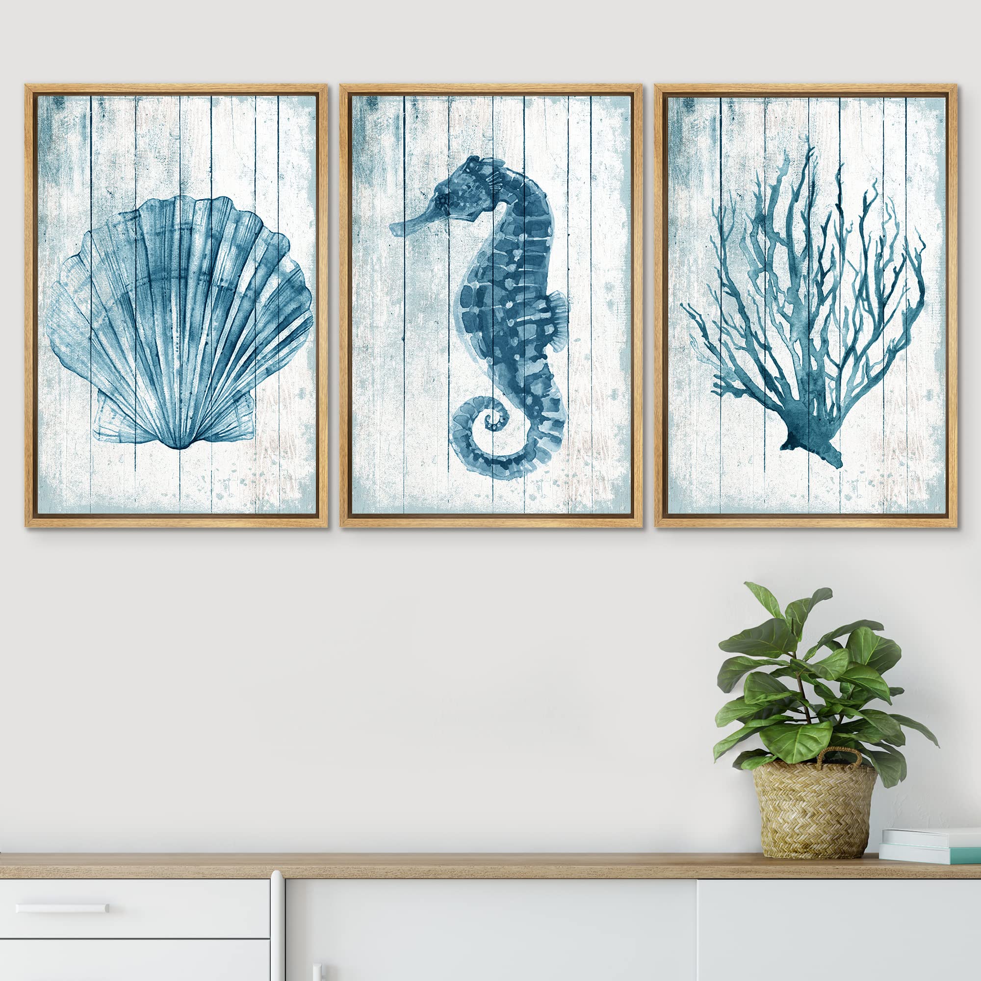 Signwin Framed Canvas Print Wall Art Blue Seahorse And Seashell With Coral Decorative Shapes Illustrations Modern Art Rustic Rel