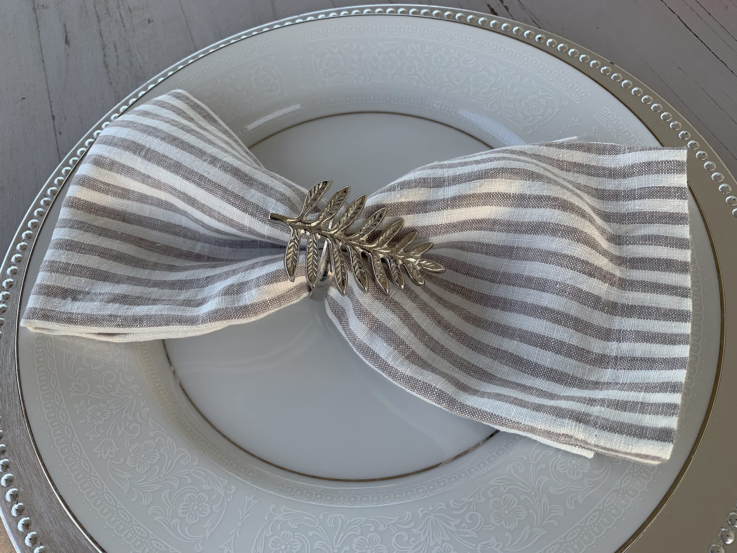 Linen Napkins - 100% French Flax - Stonewashed Pure Linen Cloth Napkins - Mitered Corners - Set Of 4 (Gray/White Stripe)