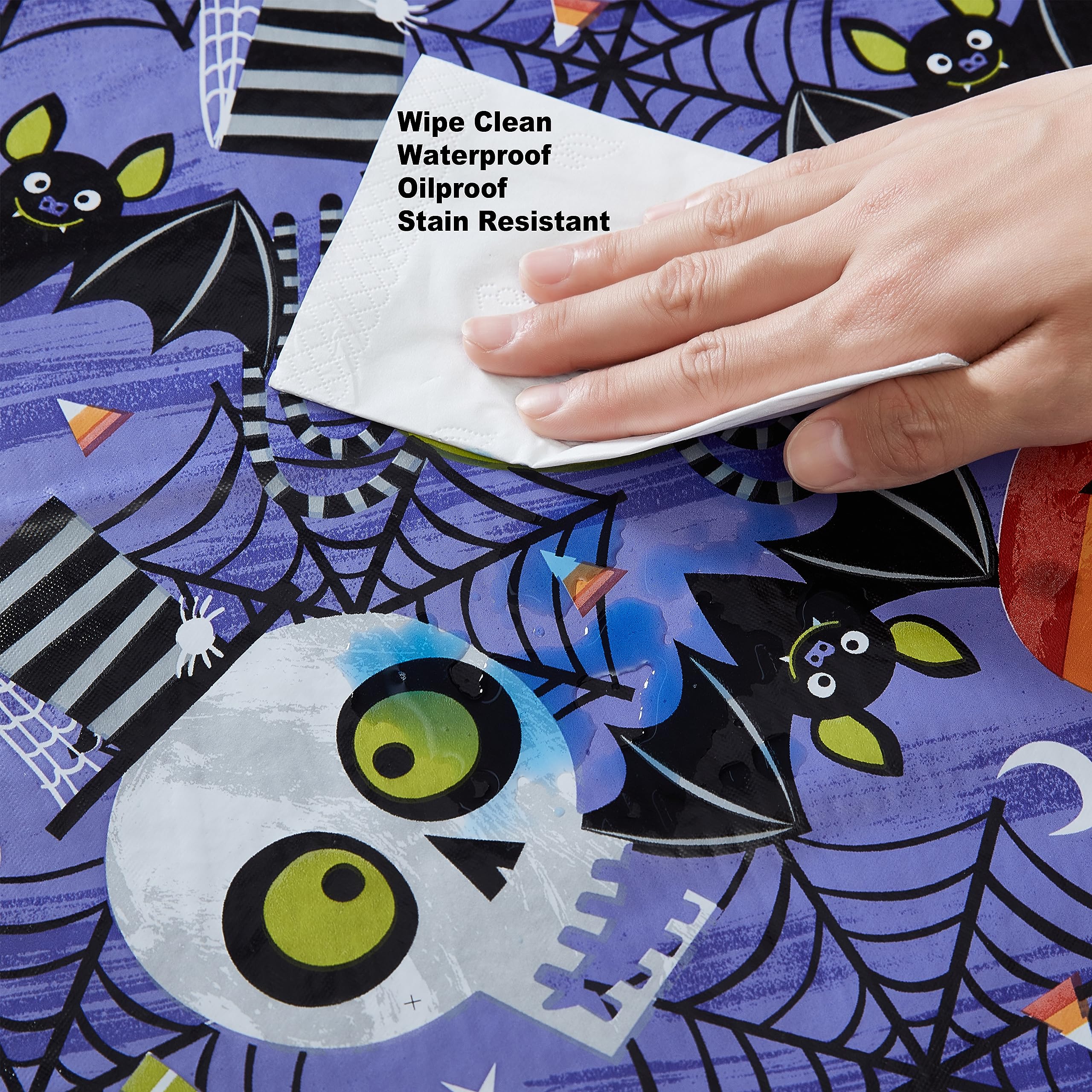 Newbridge Halloween Whimsical Ghoulish Gang 60 X 120 Inch Rectangle Vinyl Flannel Backed Tablecloth, Spooky Skulls, Bats And Pum