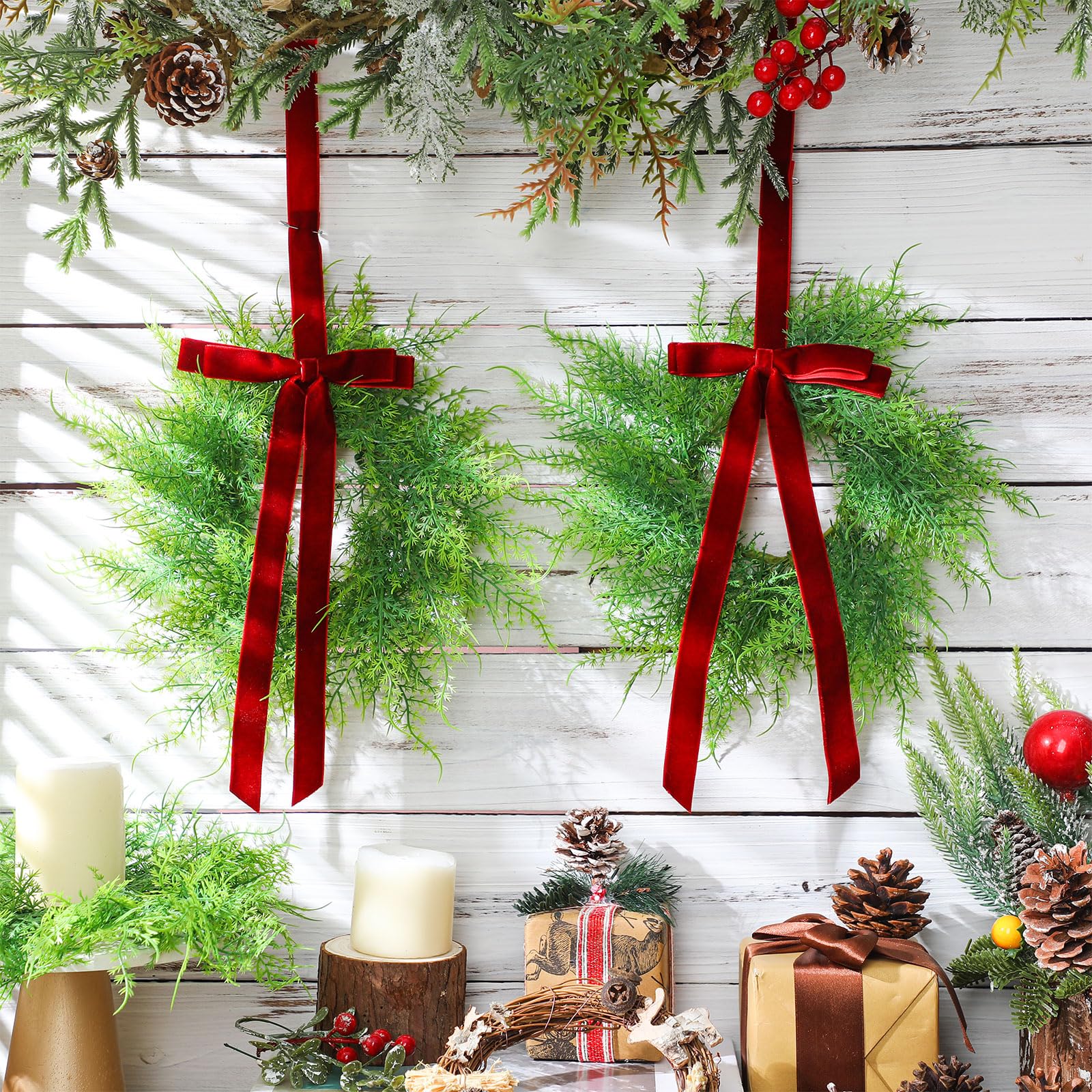 XunYee 12 Pack Small Christmas Wreath for Cabinet Home Kitchen Whimsical Decor with Velvet Bow 11 Persian Grass Lime Green Green