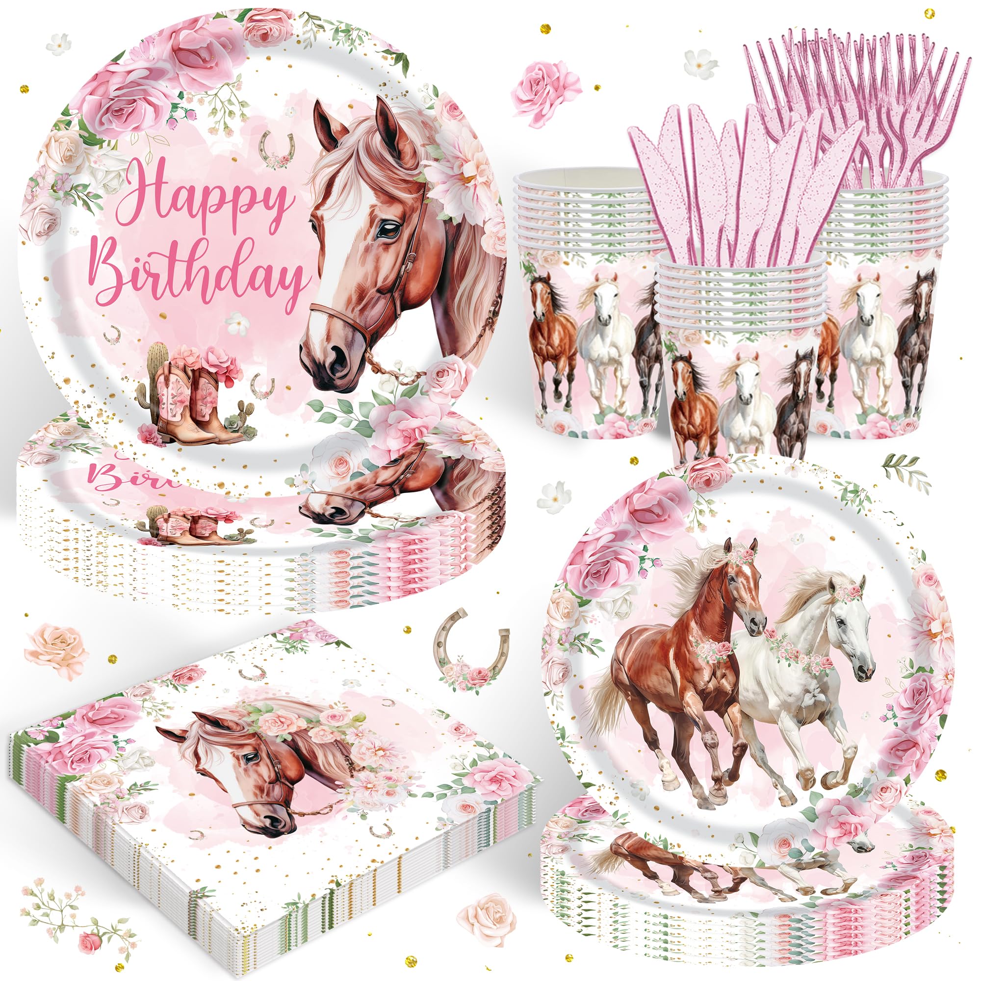 120Pcs Cowgirl Horse Birthday Party Supplies Pink Western Horse Party Decorations For Girls Plates Napkins Party Supplies Serves