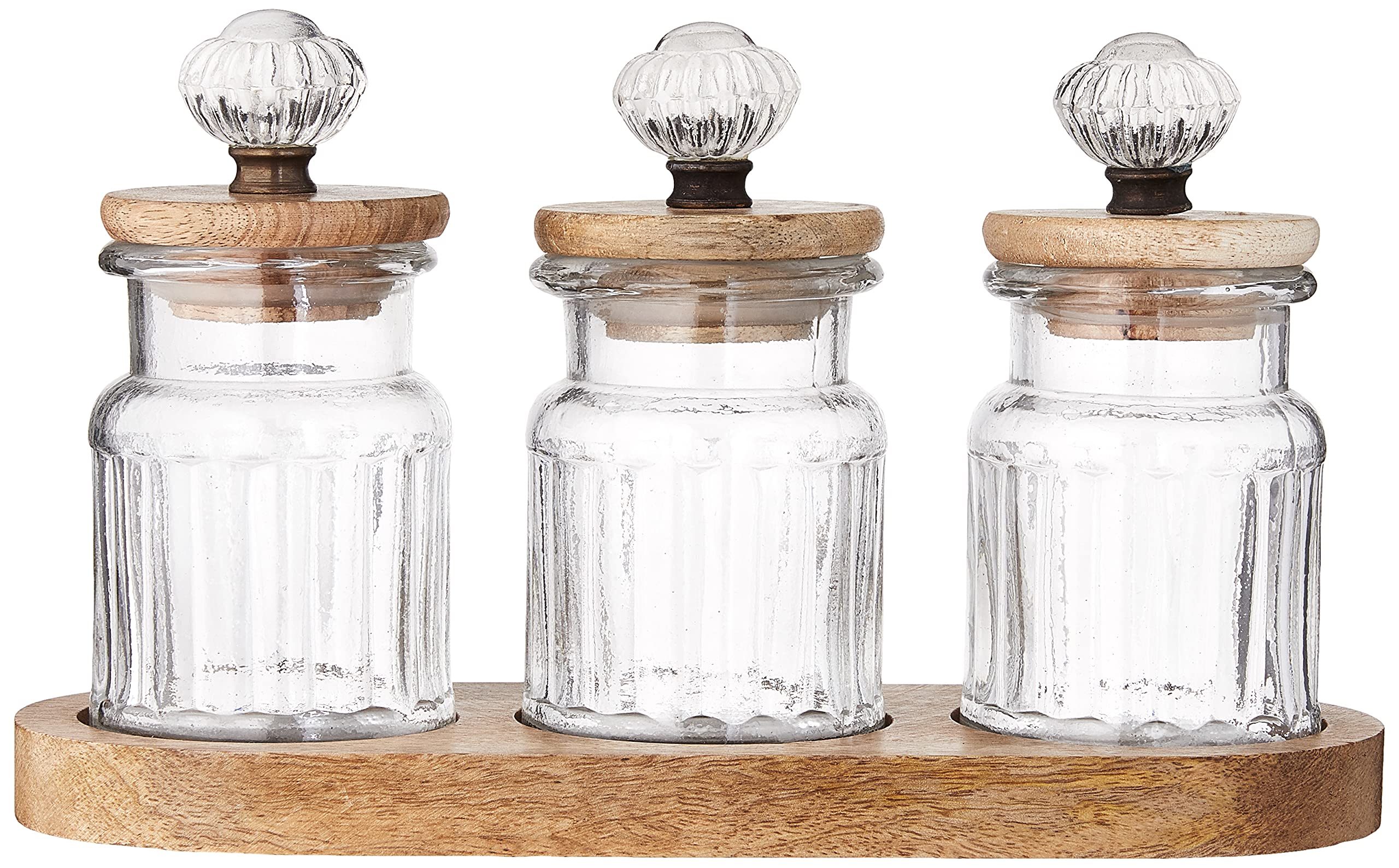 Mud Pie Knob Glass Condiment Set, Canister 3 3/4'' X 2 3/4'' Dia | Caddy 3 3/4'' X 10 1/4'', Brown