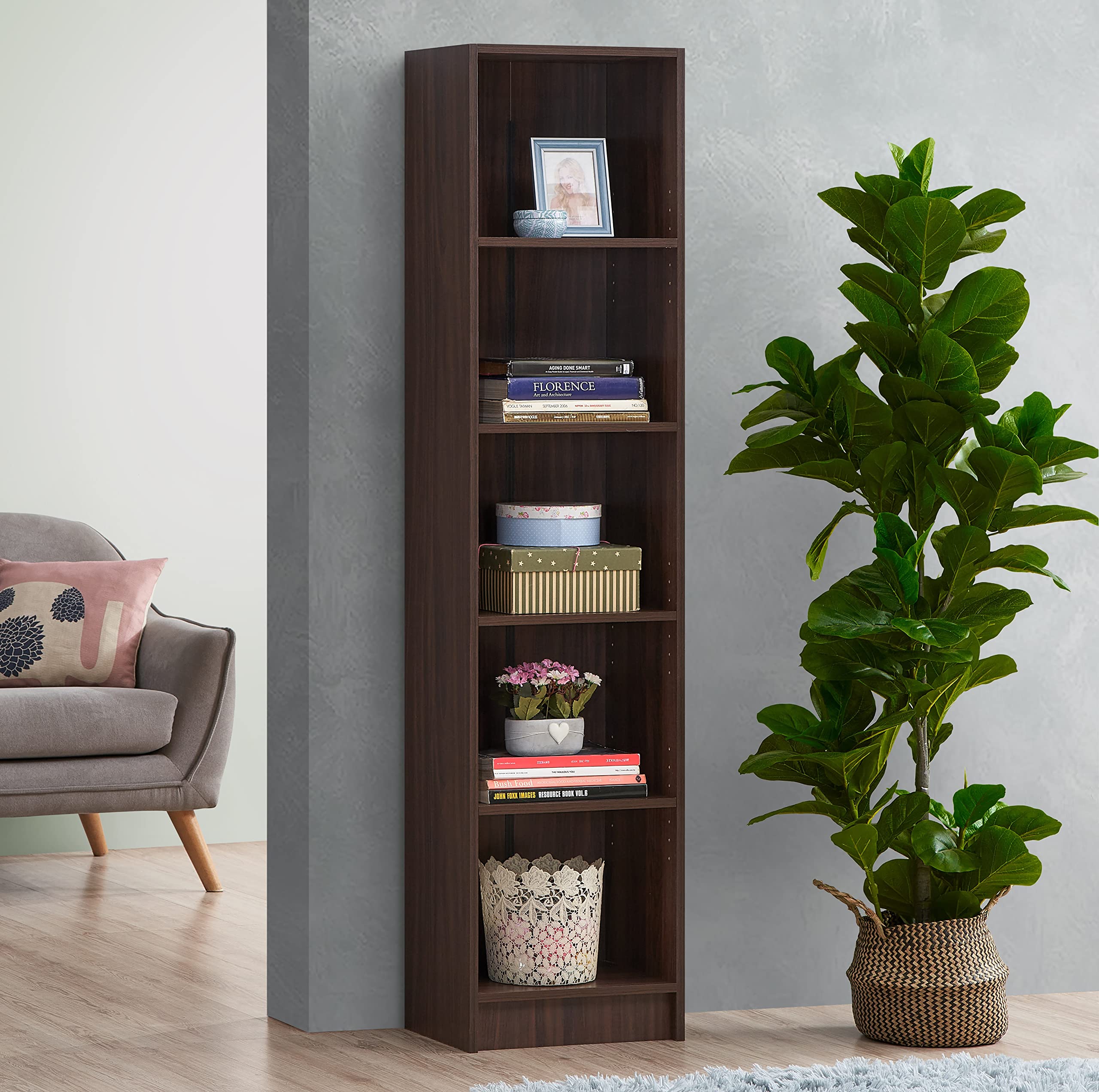 Deckup Lexis 5Shelf Engineered Wood Book Shelf And Display Unit (Walnut, Matte Finish)