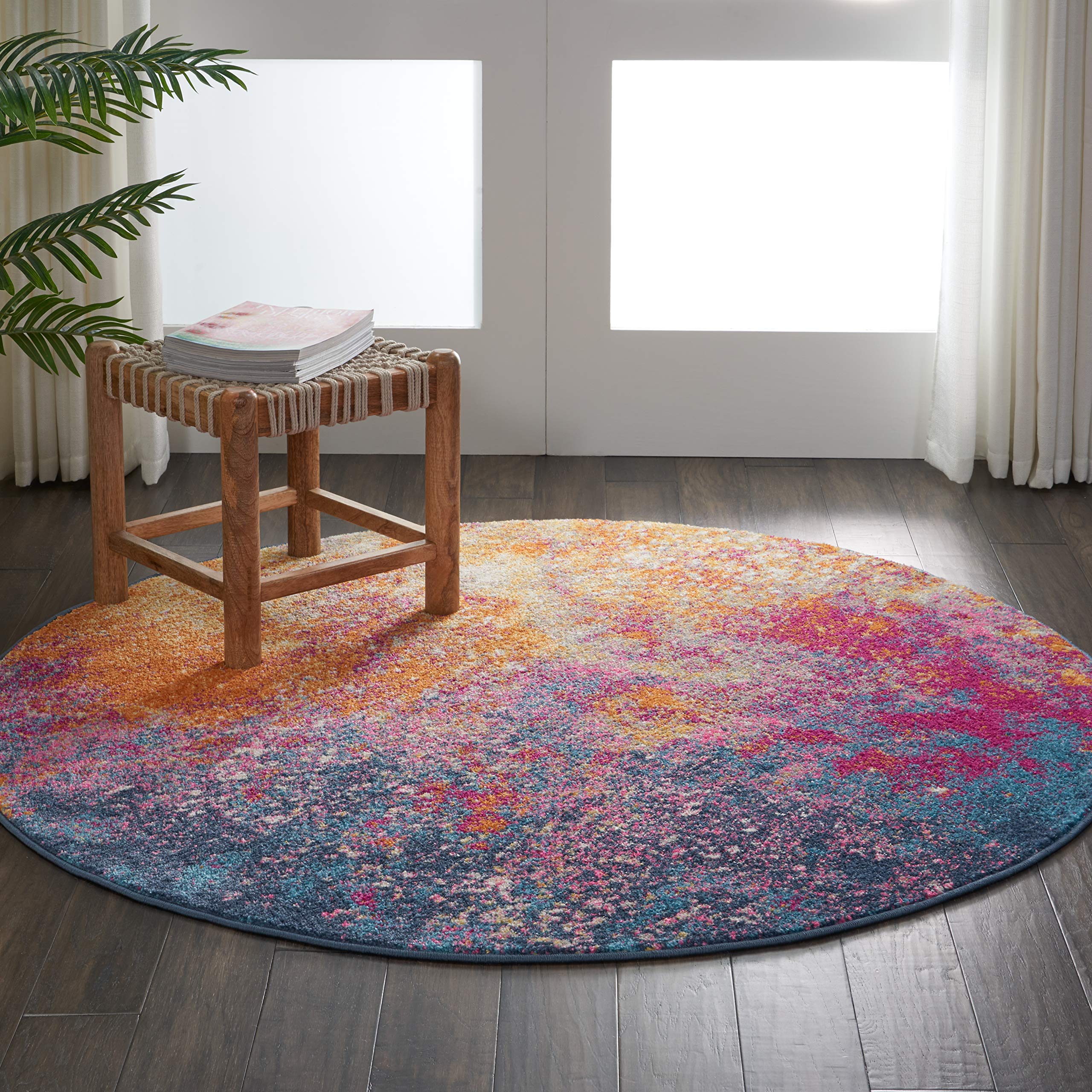 Nourison Passion Sunburst 53 x Round Area-Rug, Modern, Abstract, Easy-Cleaning, Non Shedding, Bed Room, Living Room, Dining R