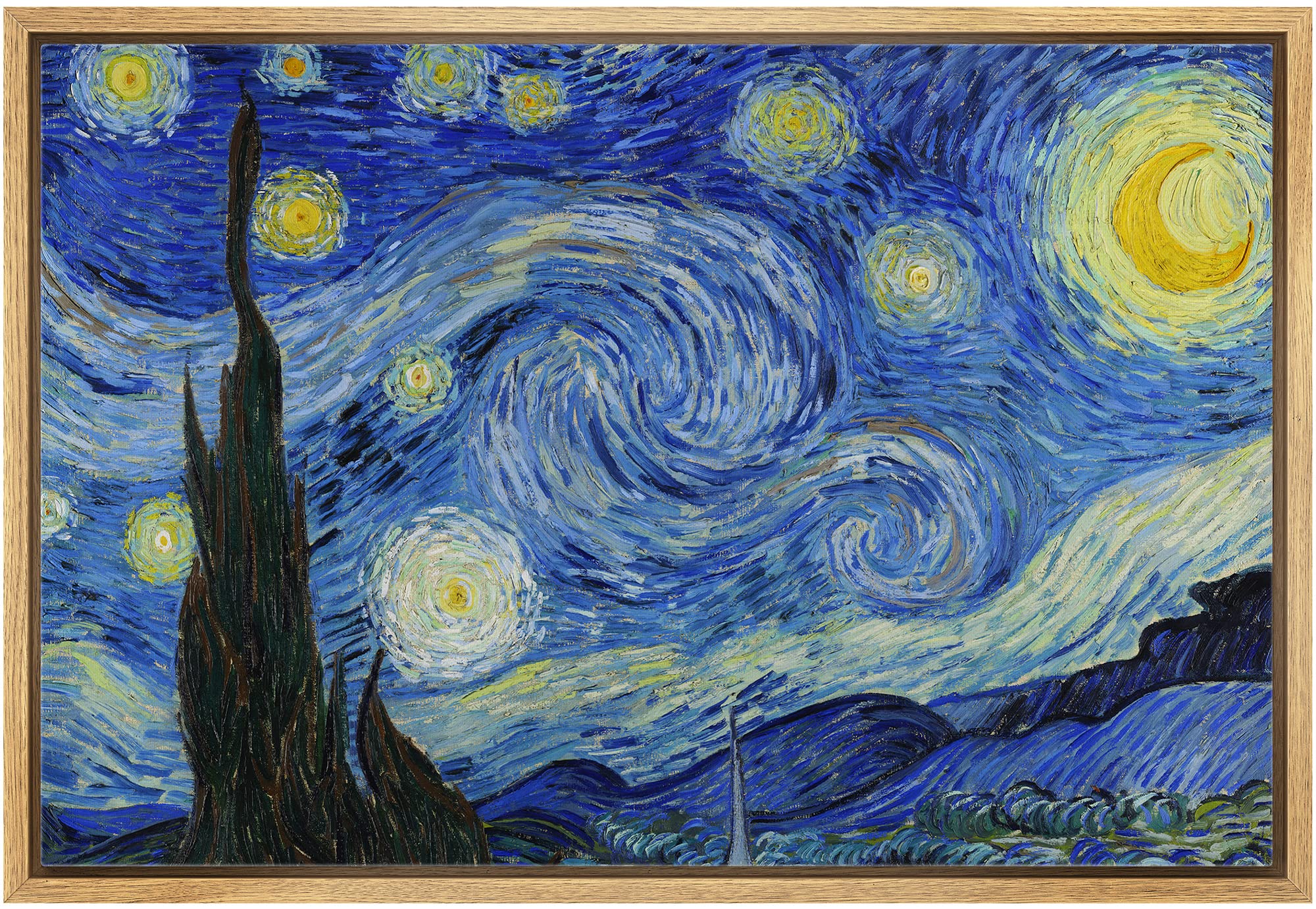 Wall26 - Starry Night By Vincent Van Gogh - Framed Canvas Art Wall Art - 16''X24'' Natural