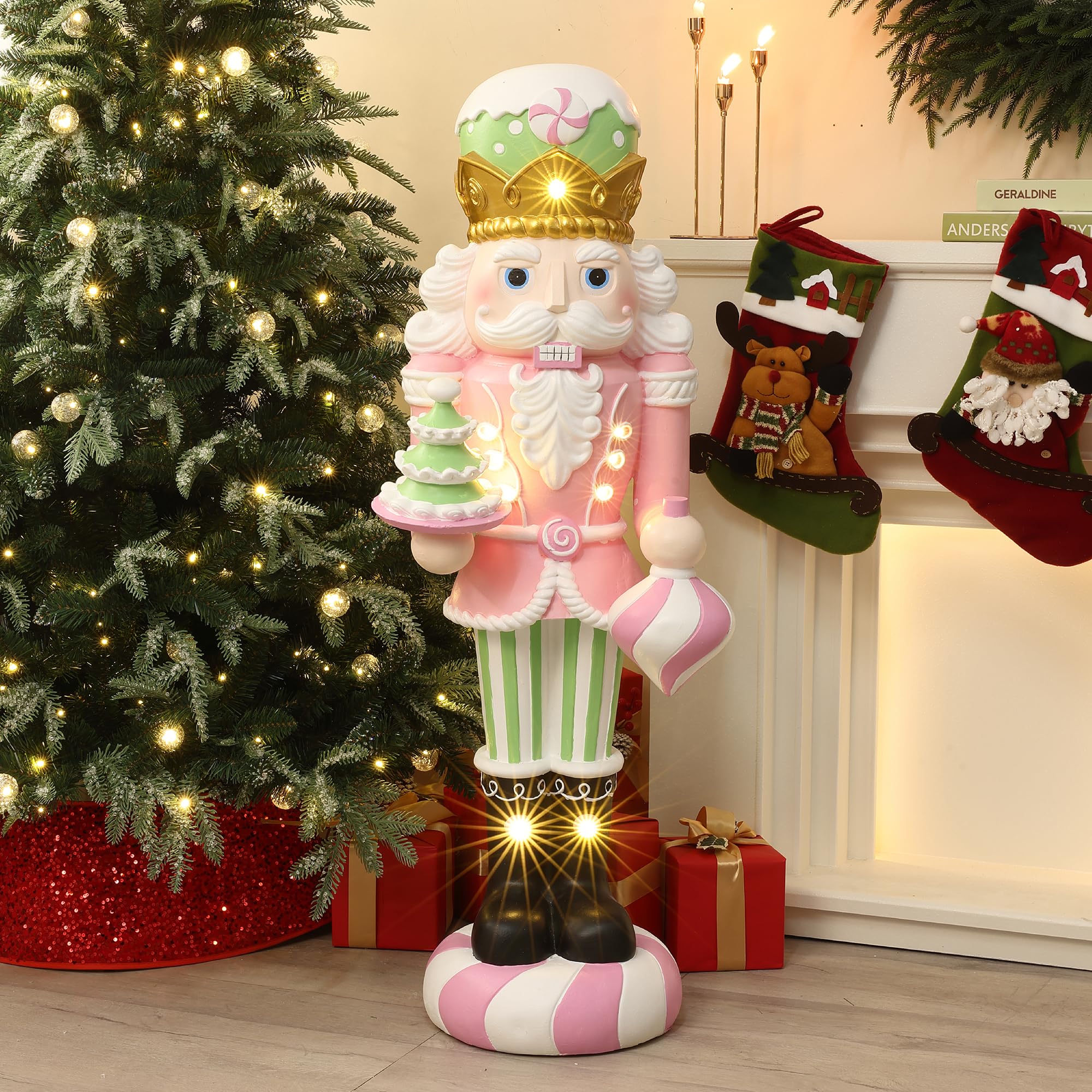 LuxenHome 4FT Tall Nutcracker Christmas Decoration, Candy Theme Large Nutcracker Soldier Decoration with Candy Tree, Lighted Chr