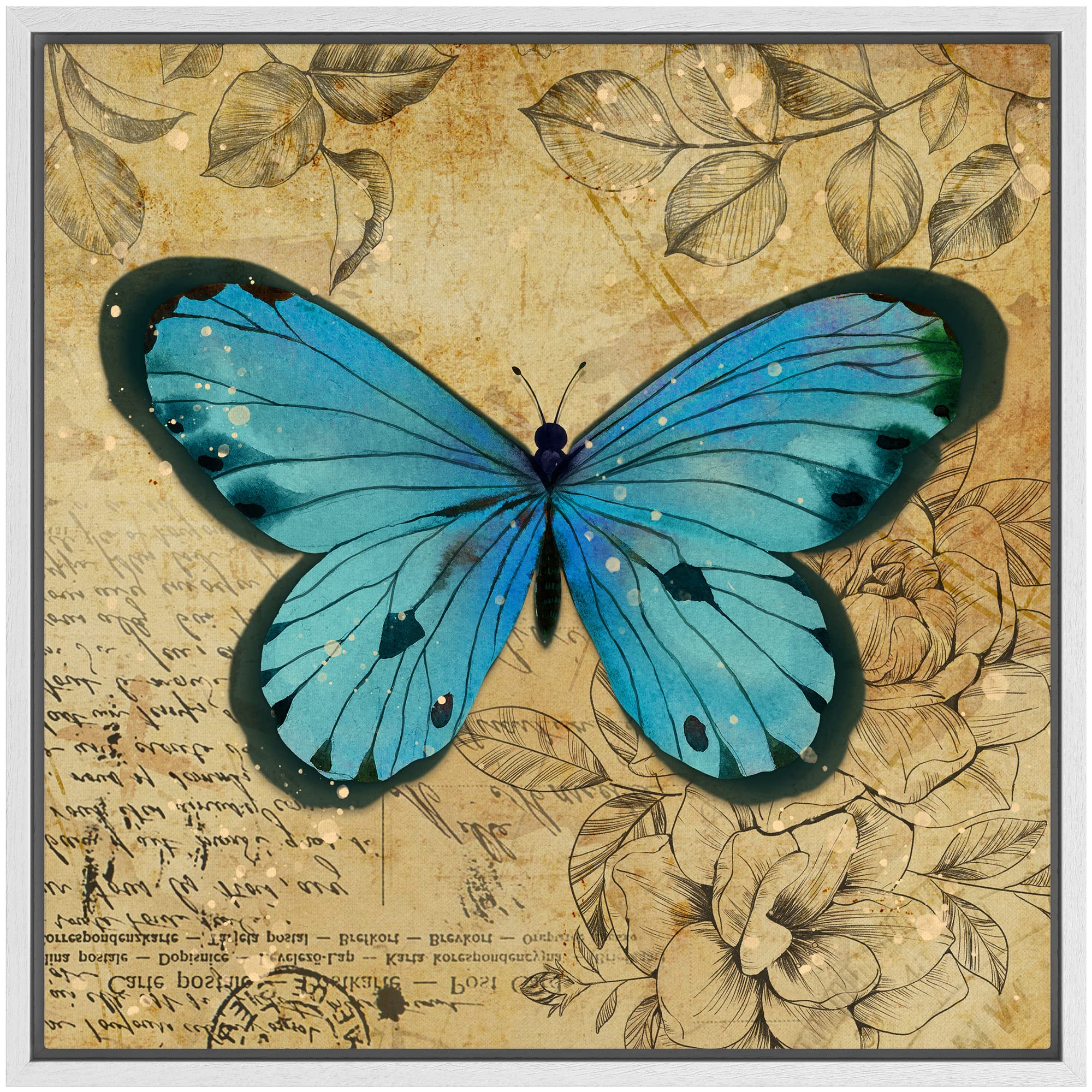Wall26 Framed Canvas Print Wall Art Teal Blue Butterfly Floral Pattern Nature Wilderness Rustic Modern Art Farmhouse Decorative