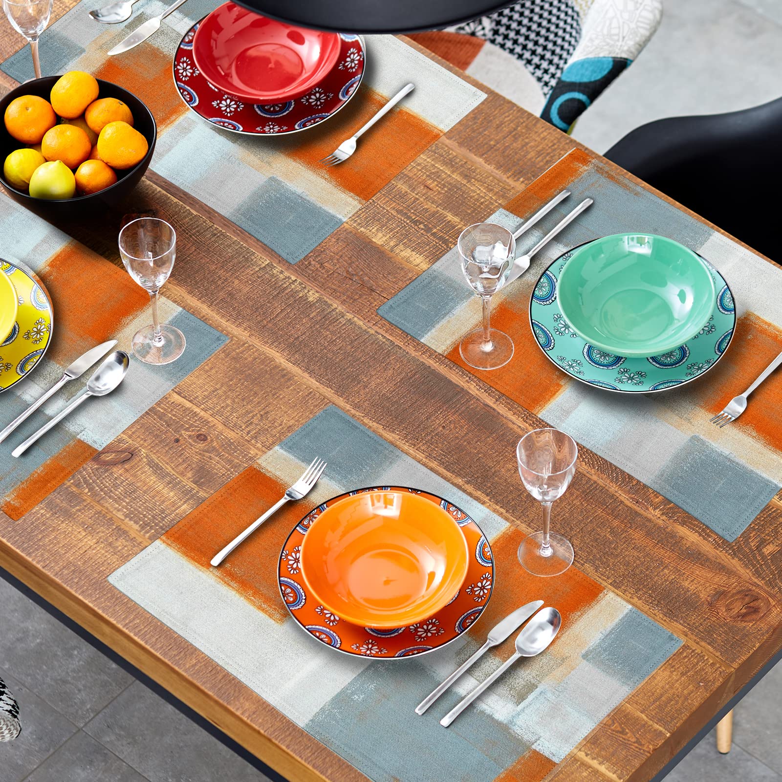 Grey And Orange Placemats Set Of 4,Washable Heat Resistant Non-Slip Gray Placemats For Dining Table Coffee Kitchen Decor Modern