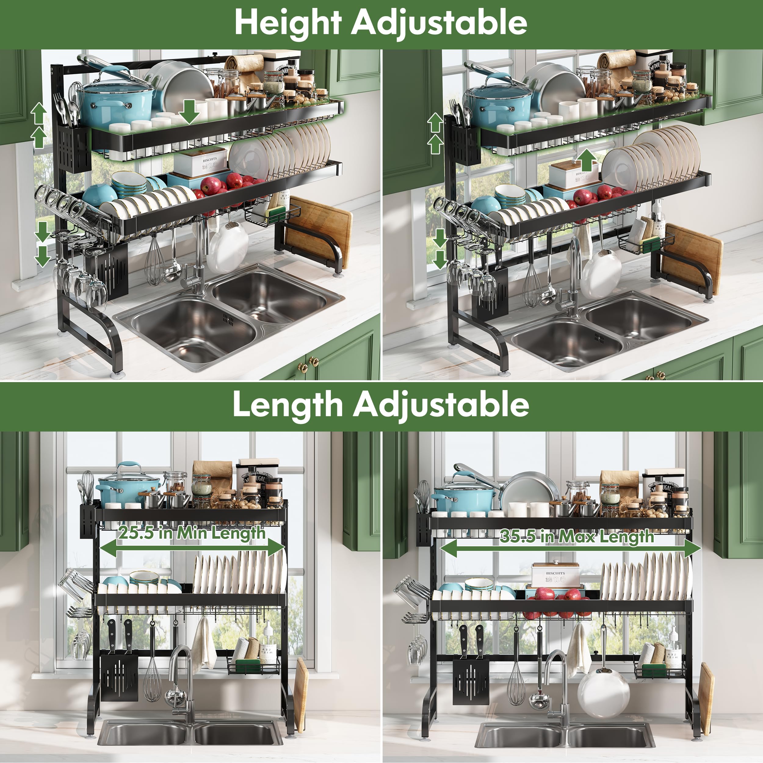 Boosiny Over The Sink Dish Drying Rack, Full 304 Stainless Steel Above Sink Dish Drainer For Kitchen Shelf, Expandable Over The