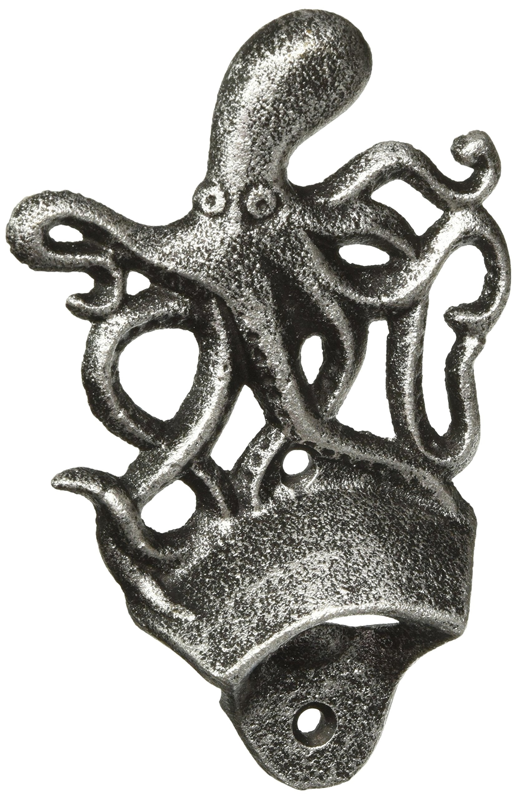 Hampton Nautical Antique Silver Cast Iron Wall Mounted Octopus Bottle Opener
