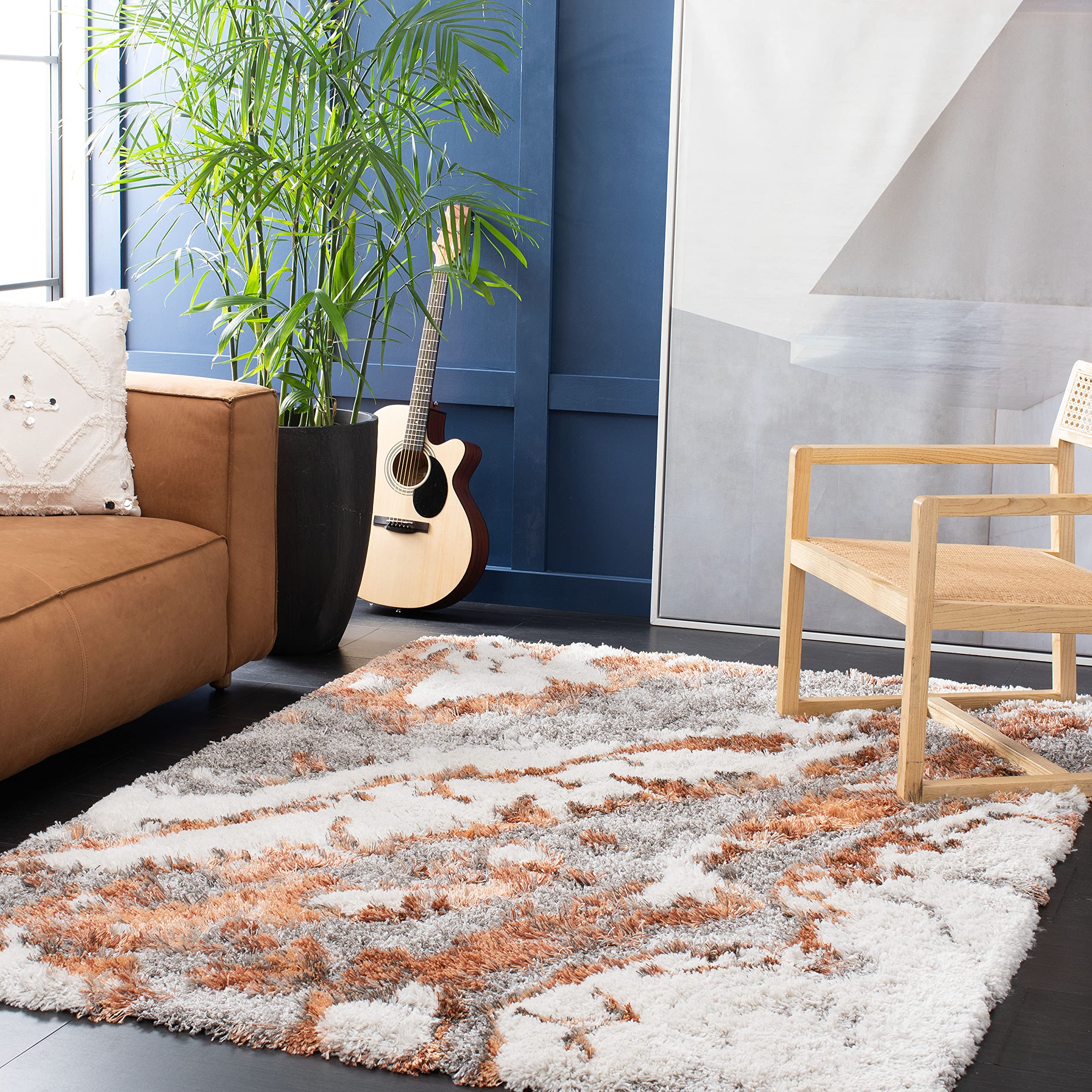 SAFAVIEH Horizon Shag Collection Area Rug - 6 x 9, Grey & Rust, Modern Abstract Design, Non-Shedding & Easy Care, 2-inch Thick