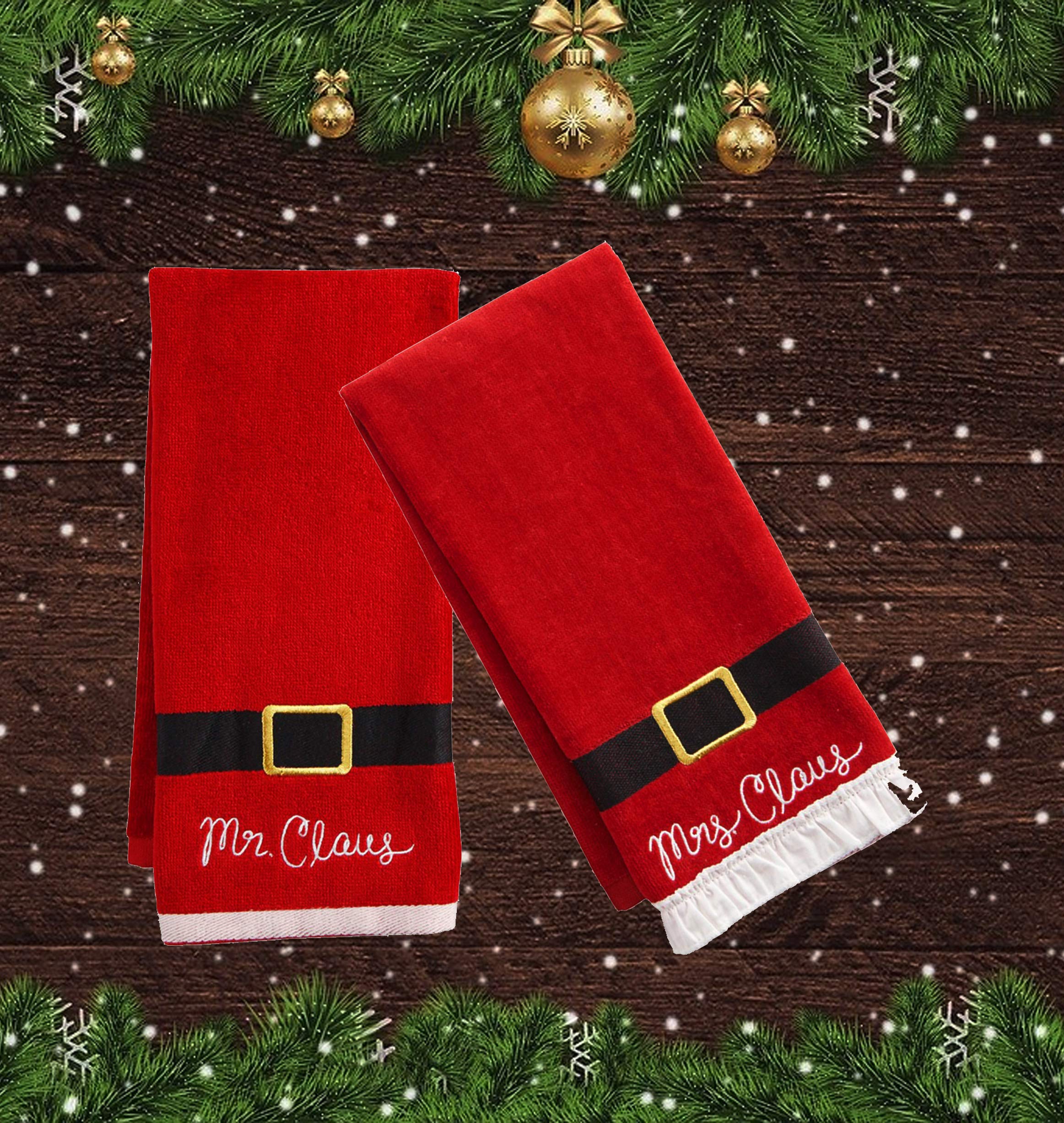 St. Nicholas Square Christmas Towels, Red Bath Hand Towel Set Of 2, Mr. & Mrs. Claus With Santa Belt Decorative Design 25 X 16 I