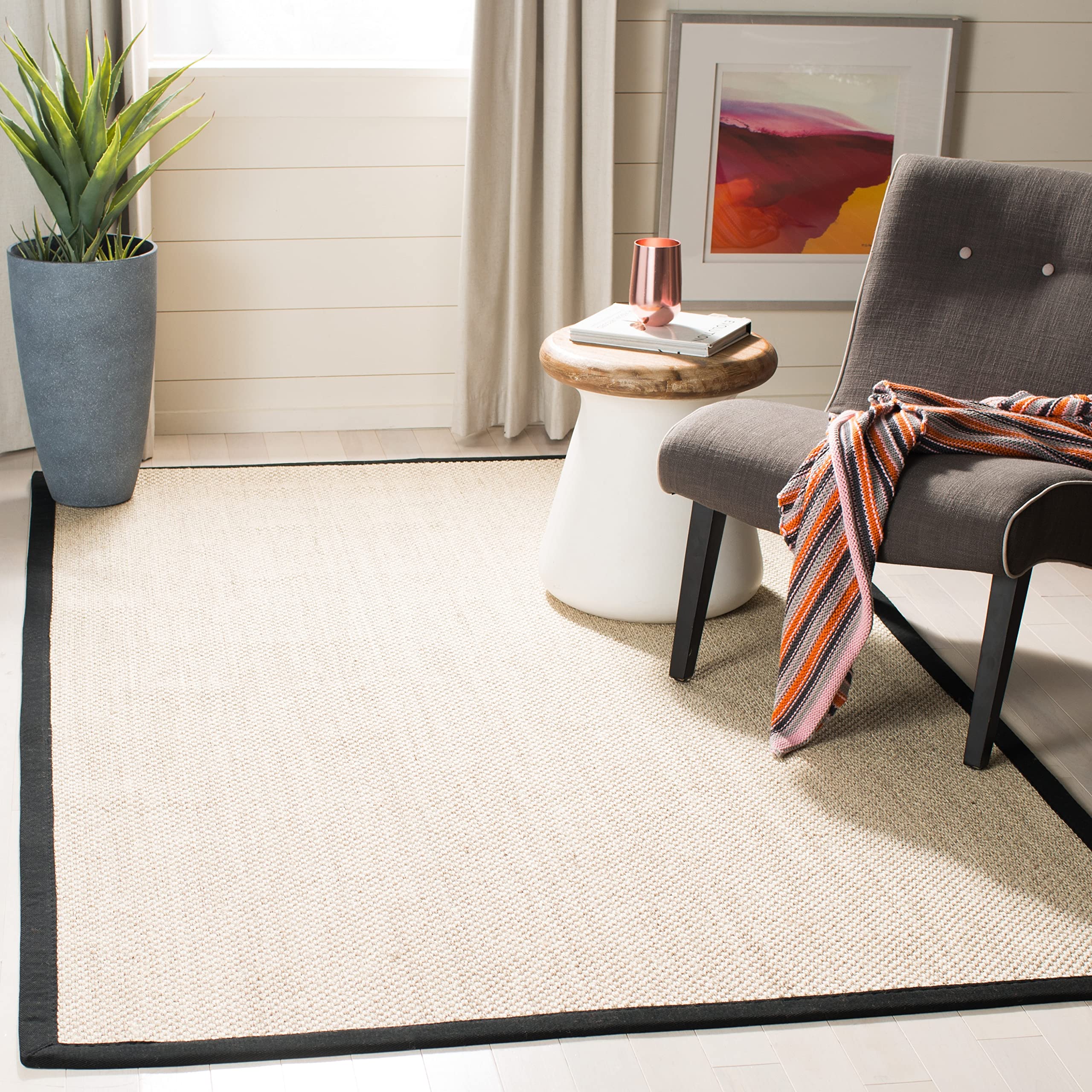 SAFAVIEH Natural Fiber Collection Accent Rug - 3 x 5, Marble & Black, Border Sisal Design, Easy Care, Ideal for High Traffic A