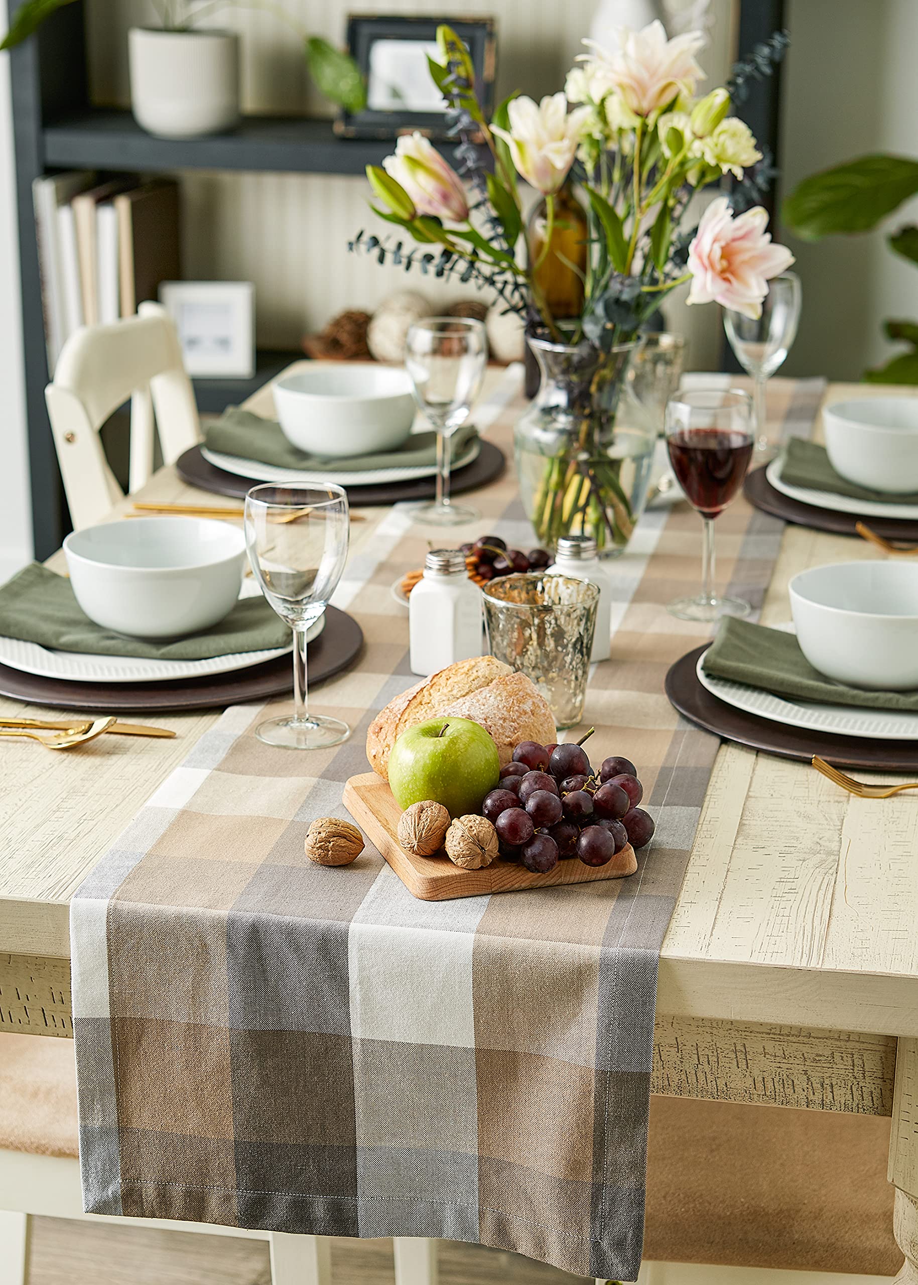 Dii Tri-Color Check Collection 100% Cotton Tabletop, Table Runner, 14X108, Stone