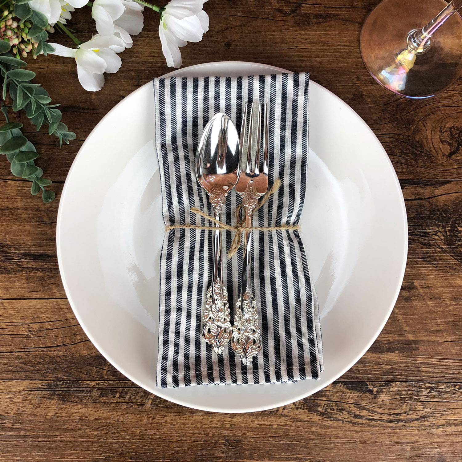 Infei Plain Striped Cotton Linen Blended Dinner Cloth Napkins - Set Of 12 (17 X 17 Inches) - For Events & Home Use (Navy)