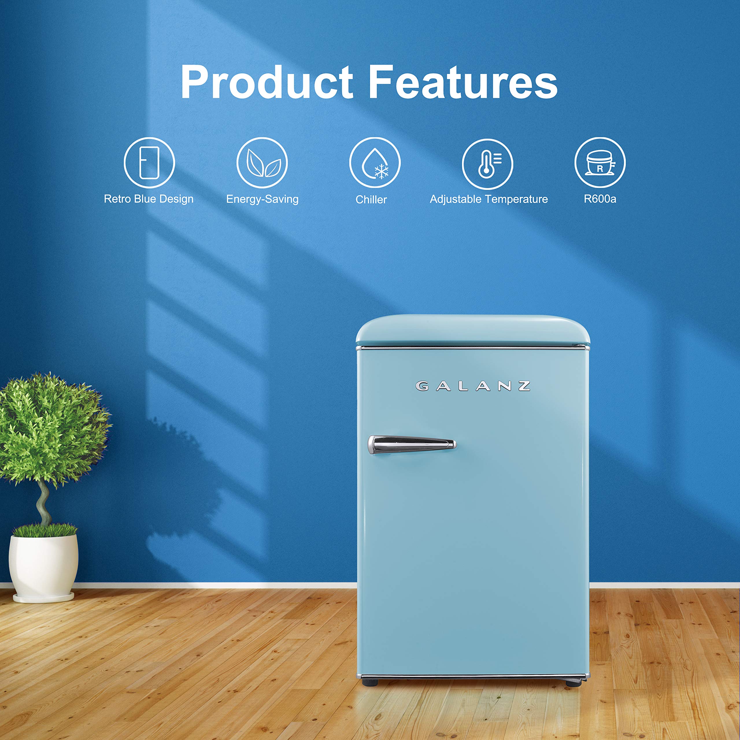Galanz Glr25Mber10 Retro Compact Refrigerator, Mini Fridge With Single Doors, Adjustable Mechanical Thermostat With Chiller, Blu