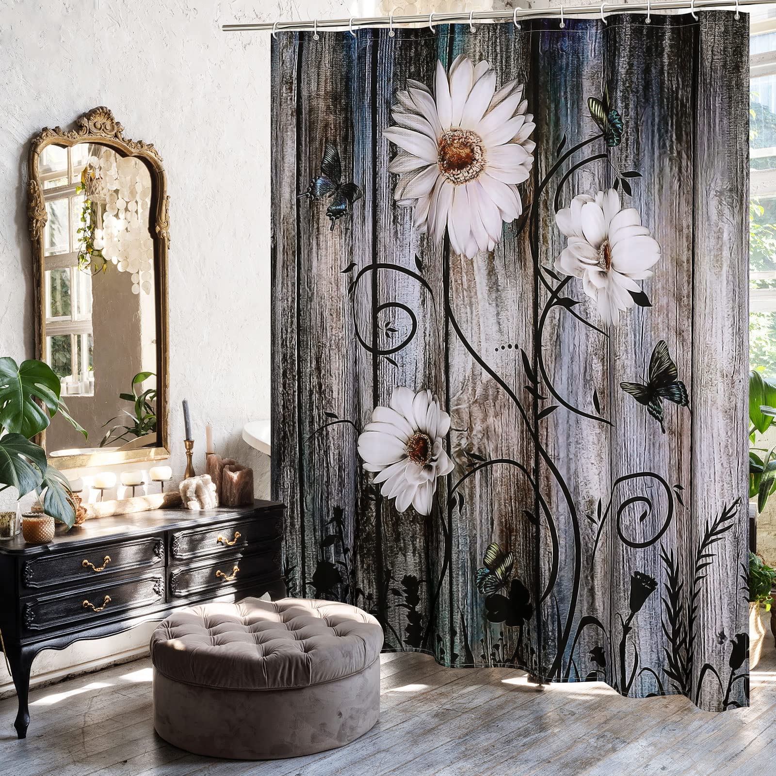 Mitovilla Rustic Daisy Shower Curtain Set With Hooks, Butterfly Plant Floral Fabric Cloth Shower Curtains For Chic Vintage Bathr