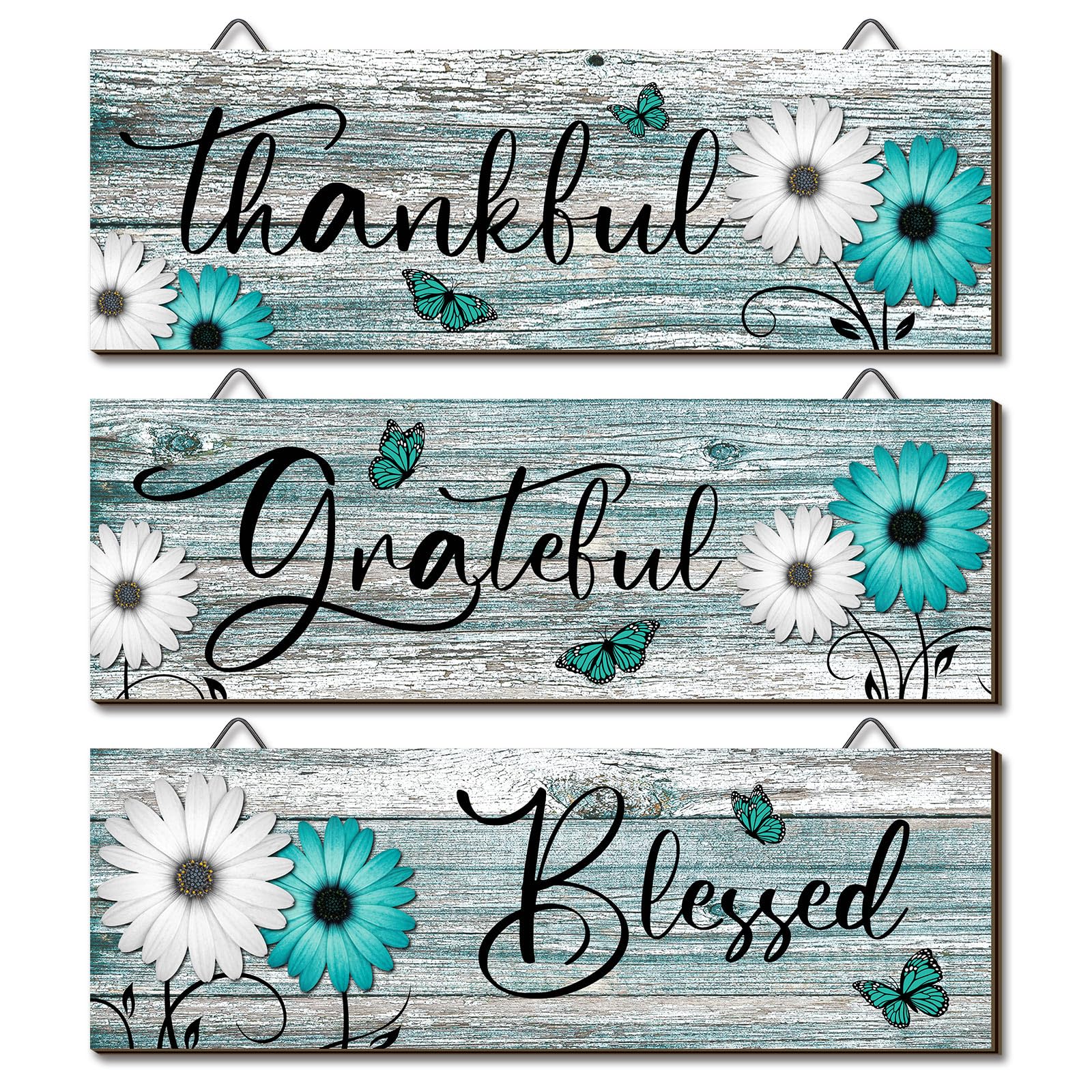 Geetery 3 Pcs Thankful Grateful Blessed Wooden Signs Rustic Daisy Wood Wall Decor Inspirational Wall Art Signs Rustic Wooden Han