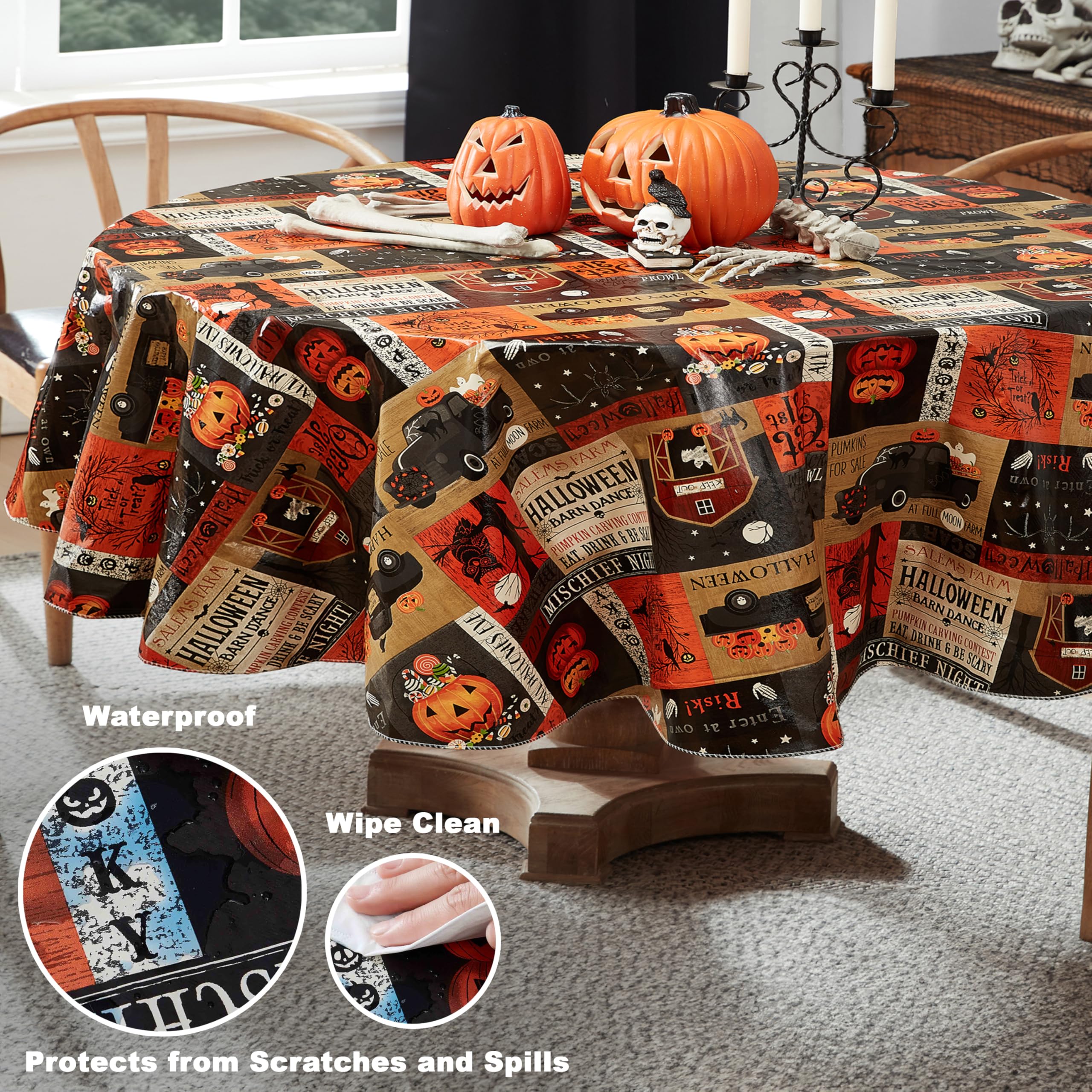 Newbridge Halloween Rustic Spooky Farm 60 x 84 Inch Oval Vinyl Tablecloth with Flannel Backing