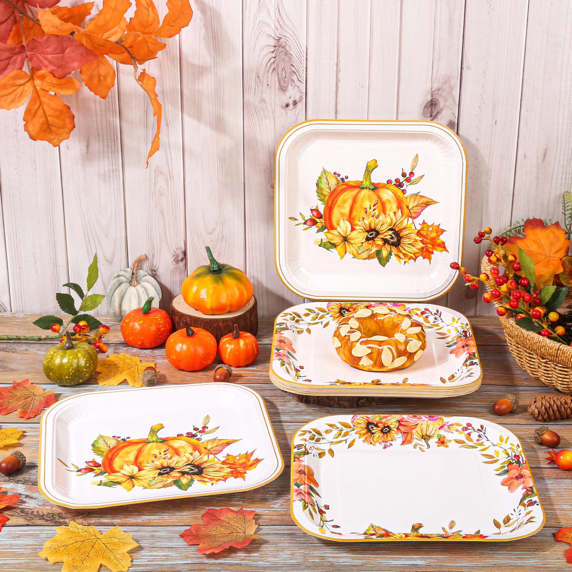 Houuqe 60 Pcs Thanksgiving Fall Paper Plates 9 Inch Thanksgiving Pumpkin Plates Disposable Autumn Leaves Dinner Serving Plates H
