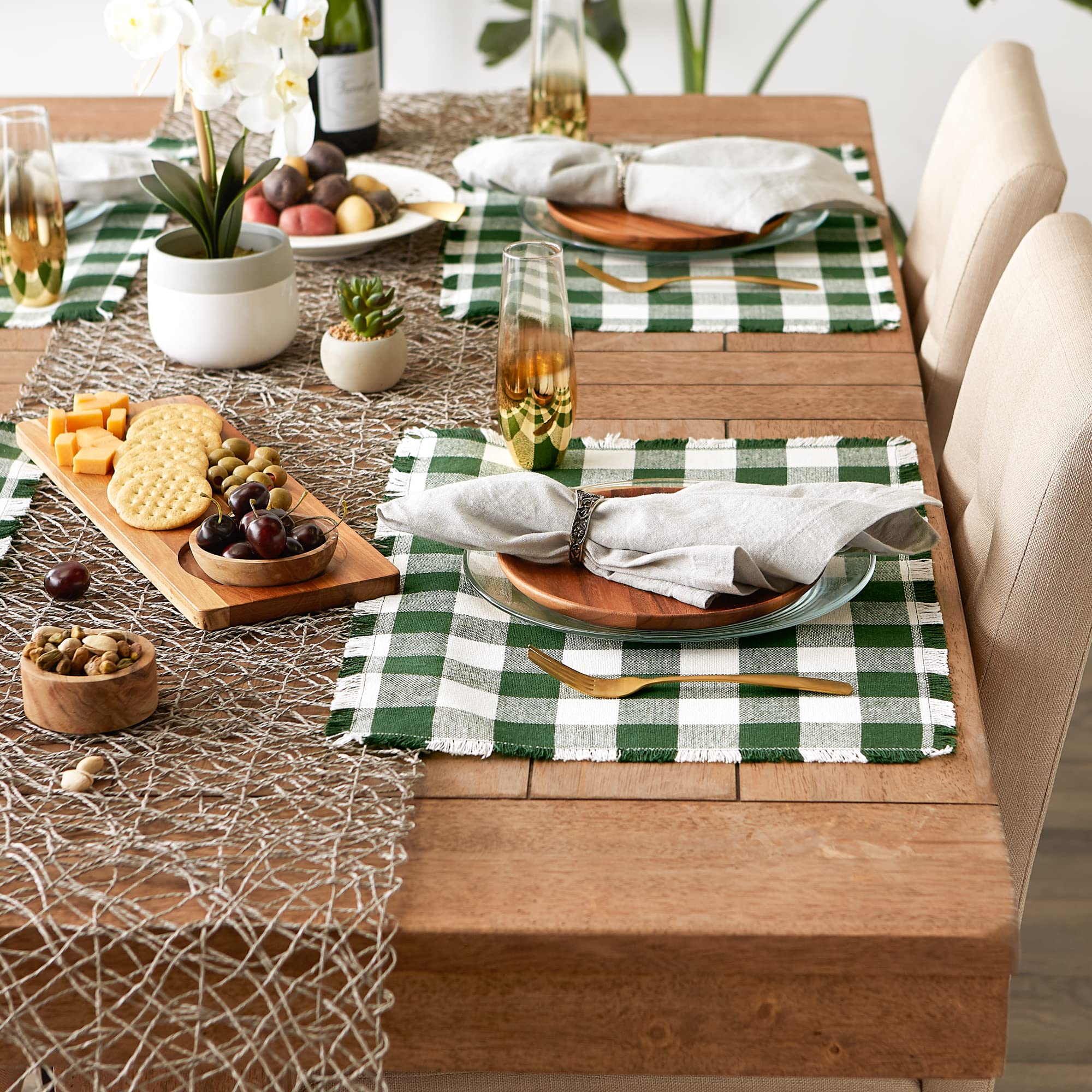 DII Heavyweight Fringed Check Tabletop Collection  Placemat Set  13x19  Hunter Green  6 Piece