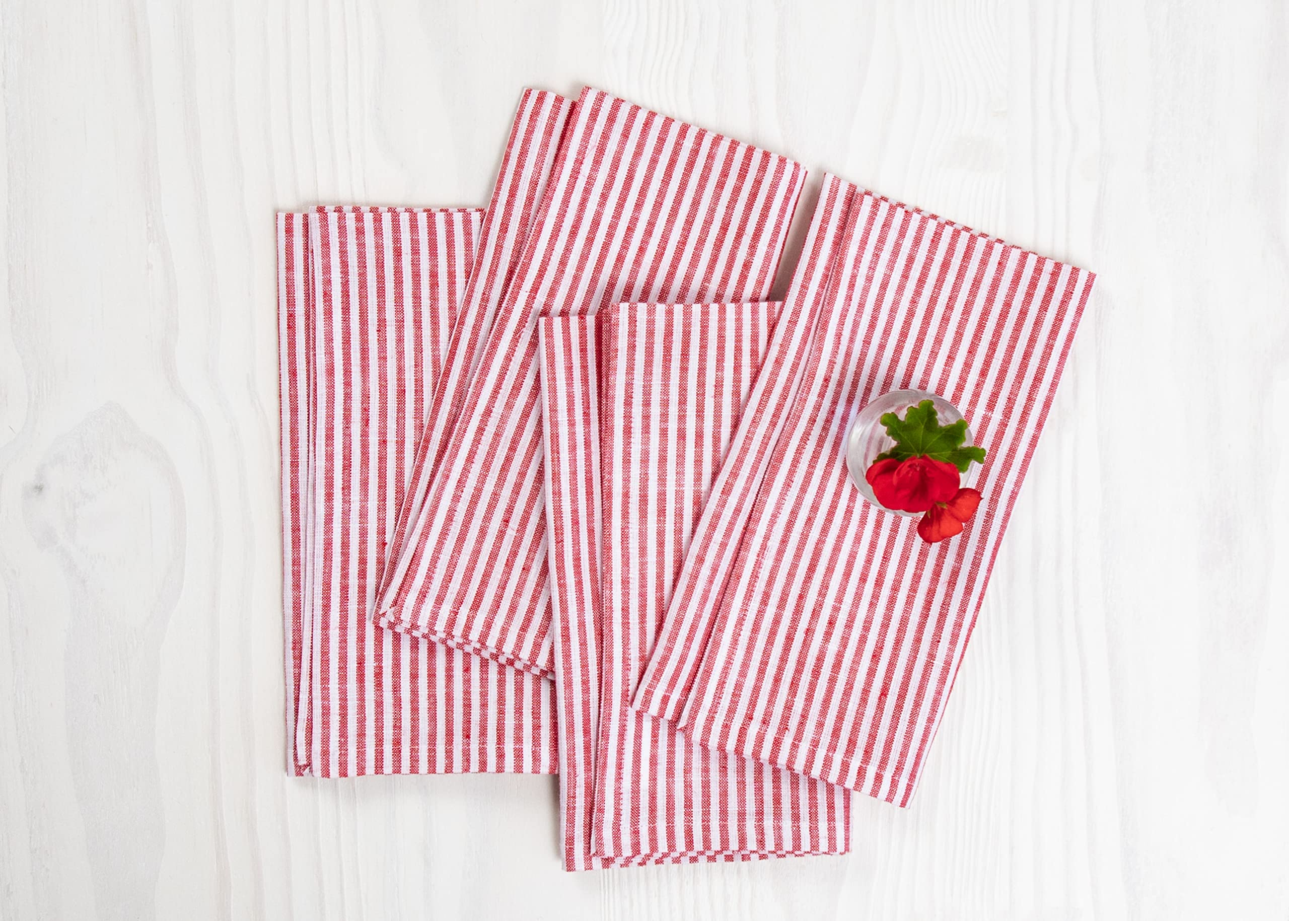 Solino Home Stripe Linen Dinner Napkins 20 X 20 Inch - 100% Pure Linen Red And White Cloth Napkins Set Of 4 For Spring - Narrow