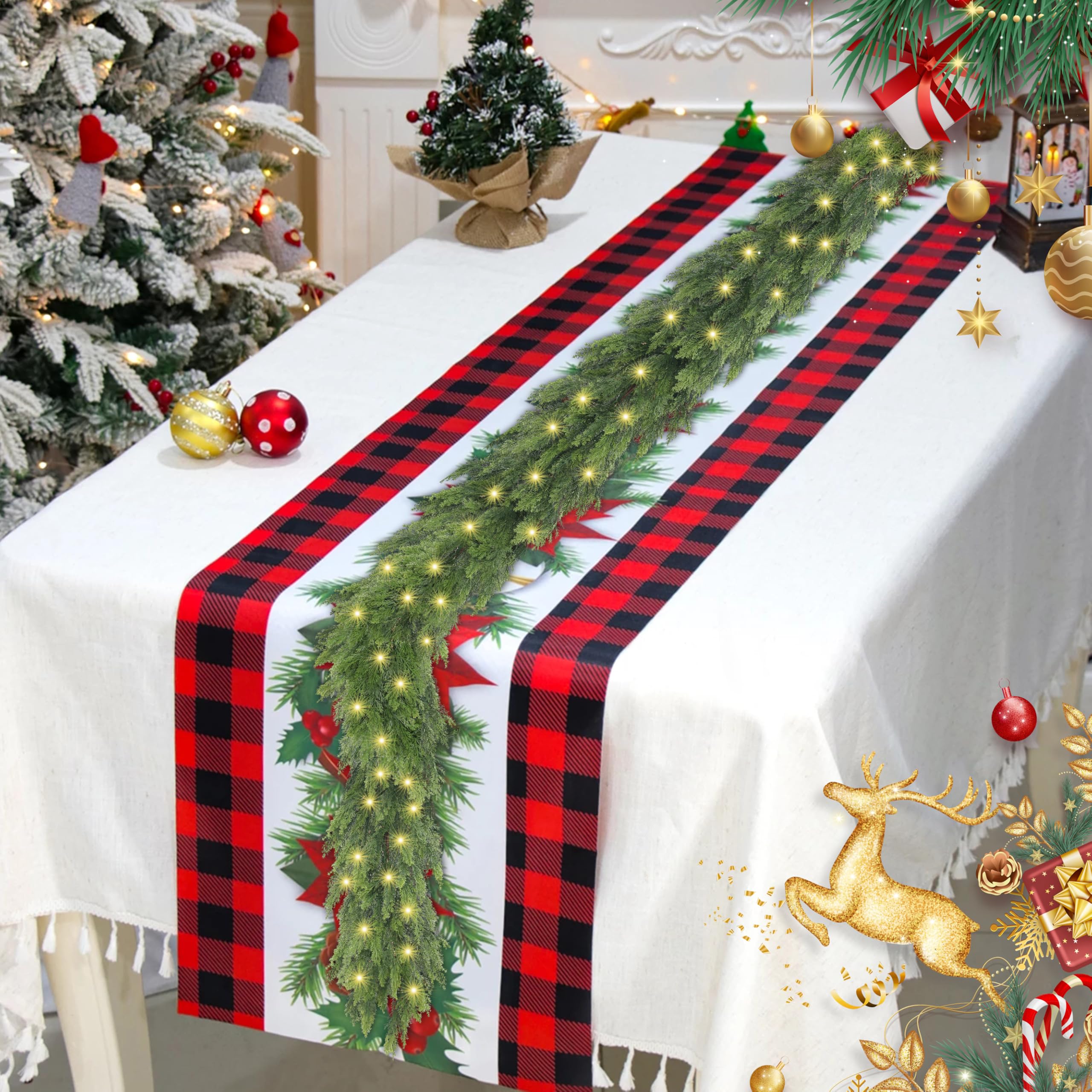 Goldshire 6FT Christmas Cedar Garland with Light, Lighted Real Touch Cedar Garland, Artificial Greenery Garlands for Table Firep