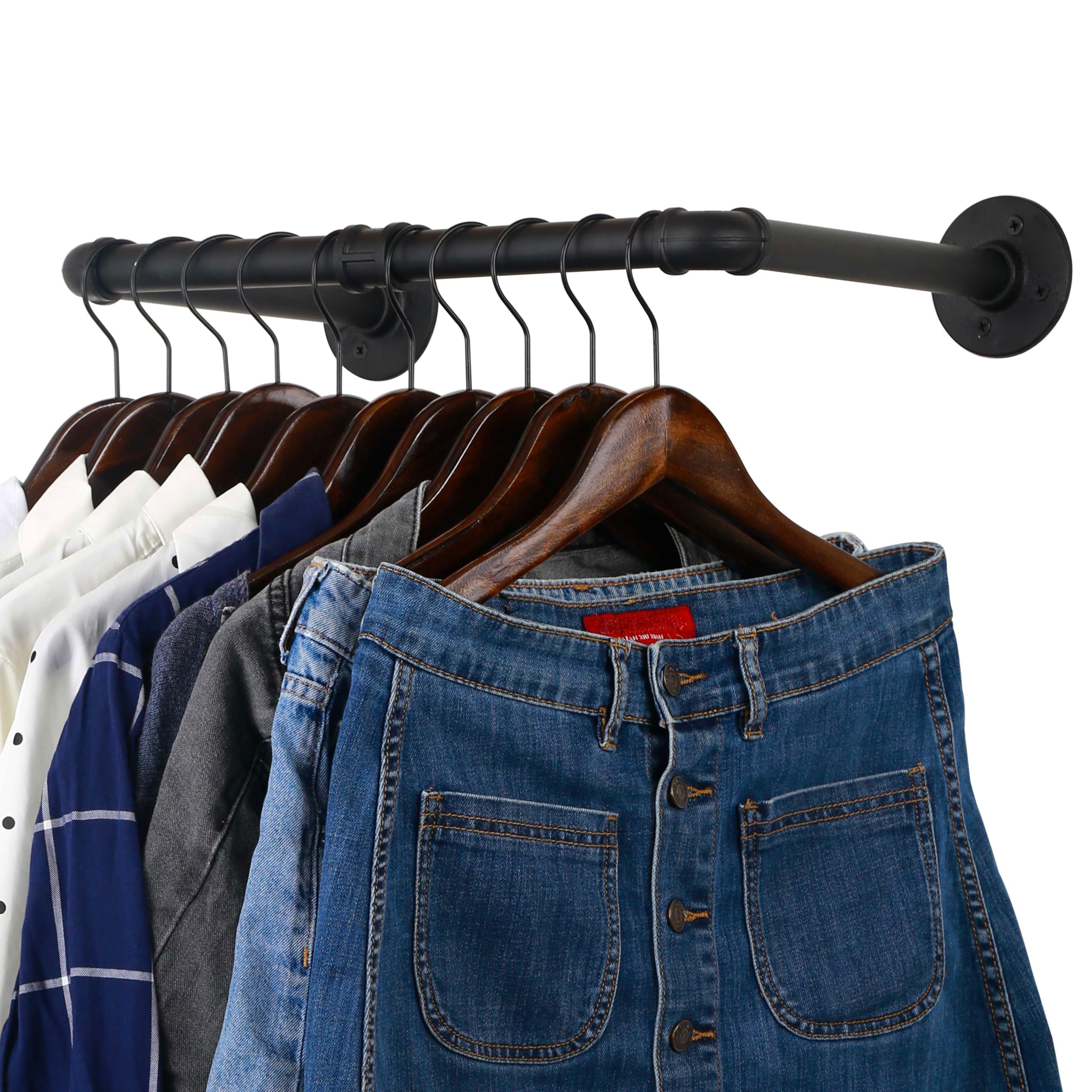 WEBI Clothing Rack Wall Mount 20'' Industrial Pipe Clothes Rack for Hanging Clothes Heavy Duty Iron Garment Rack Bar Retail Display Clothes Rod for Closet Laundry Room Black