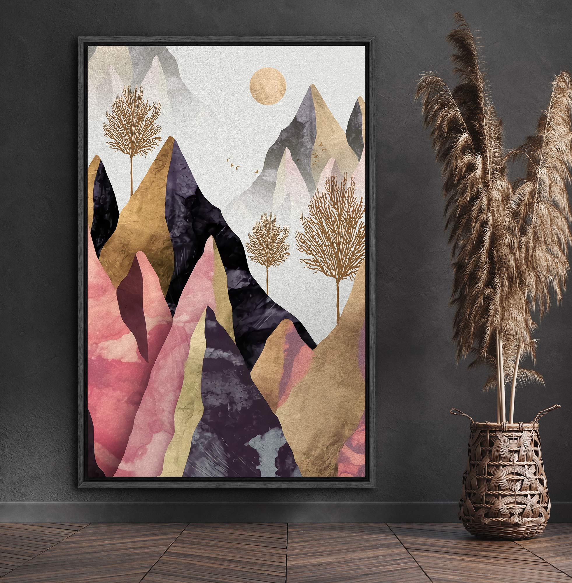 Signford Framed Canvas Print Wall Art Two-Tone Mountains With Gold Trees & Sun Abstract Wilderness Illustrations Modern Art Cont