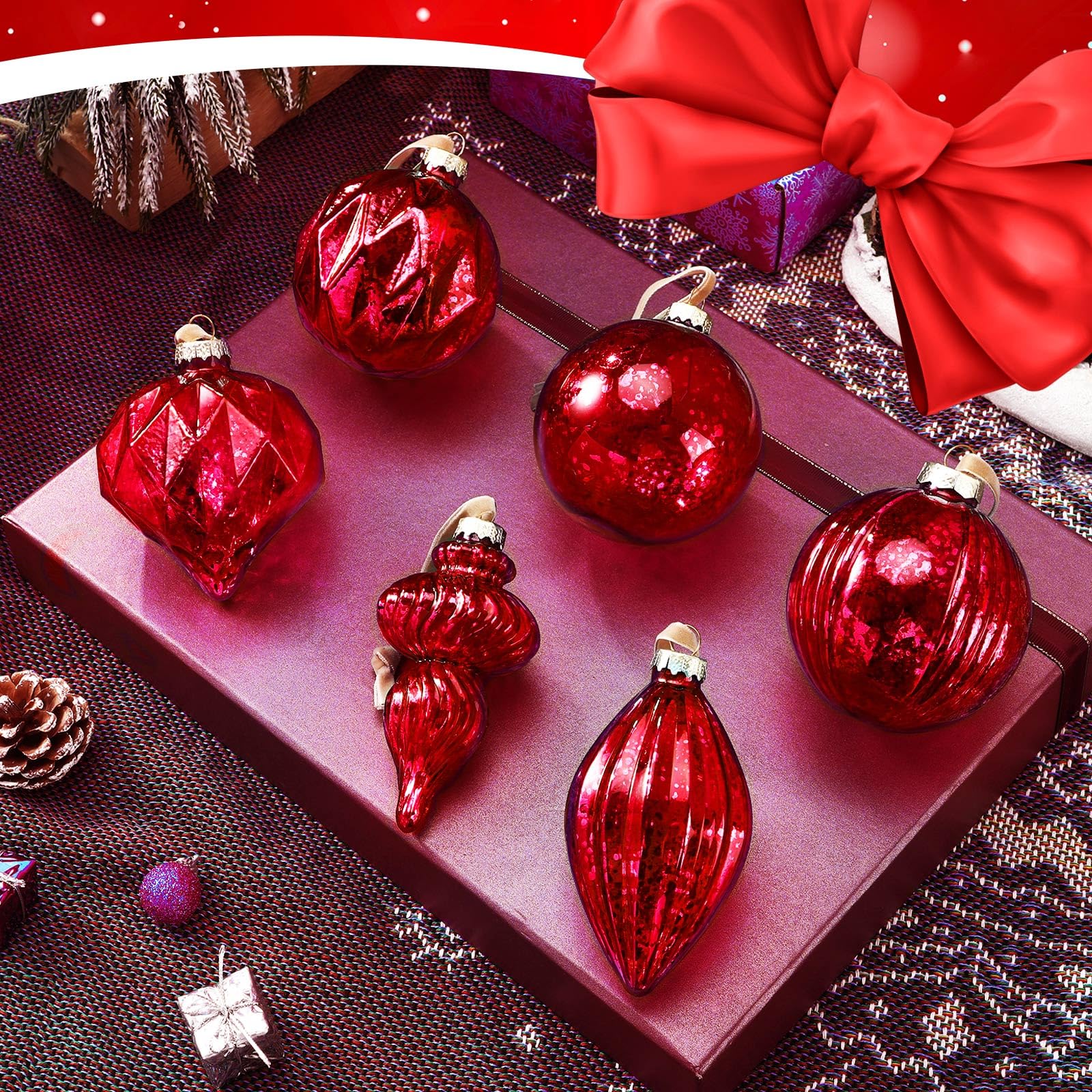 Civaner Set of 6 Red Mercury Glass Christmas Ornaments Large Hanging Mercury Glass Balls Finials Ornaments for Christmas Tree De