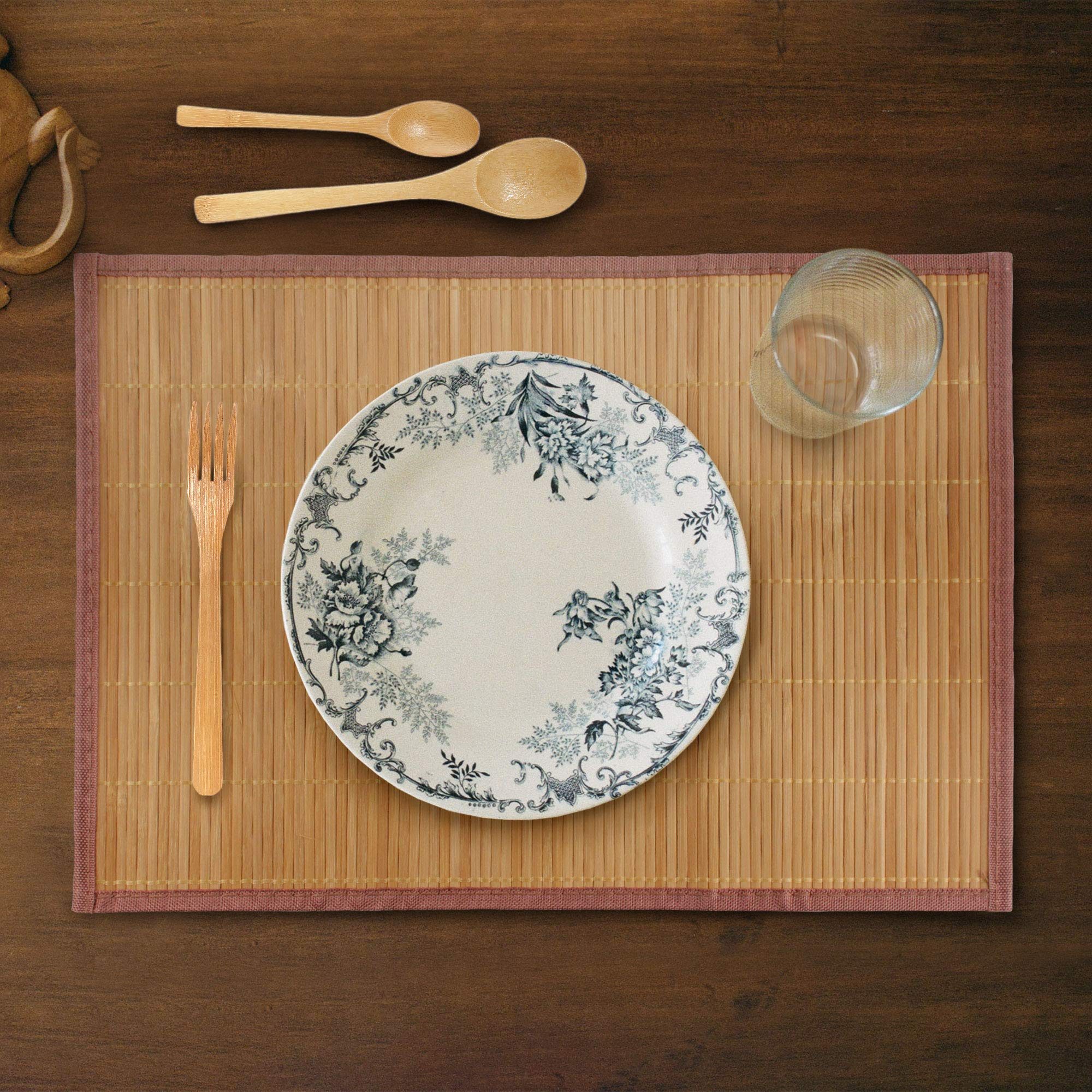Bamboomn Bamboo Slat Placemat With Brown Fabric Border - Solid Color Print - 18'' X 13'' - Carbonized Brown - 8Pc