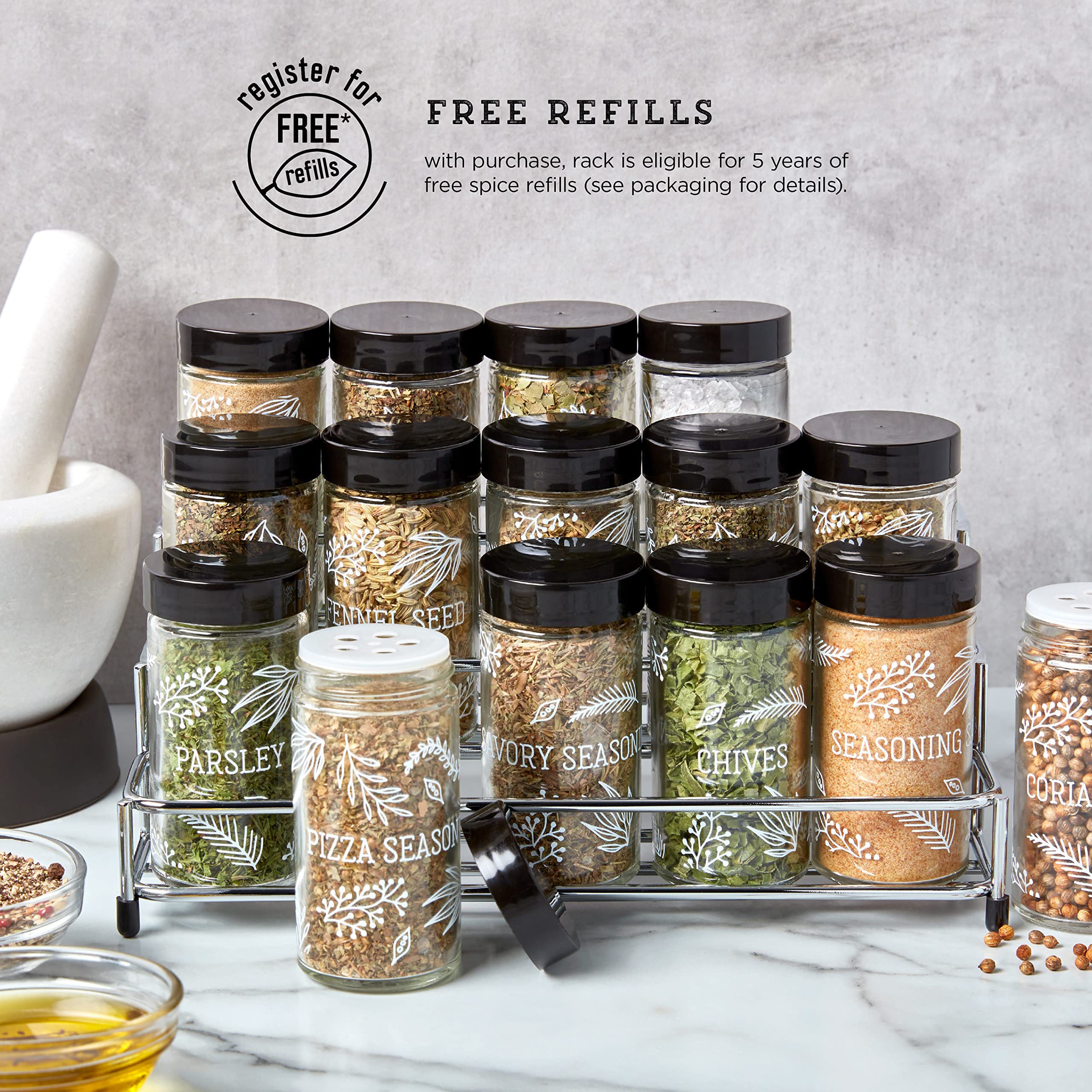 Kamenstein 15 Jar Lincoln Countertop Spice Rack with Spices Included, FREE Spice Refills for 5 Years, Chrome with Black Caps , 9
